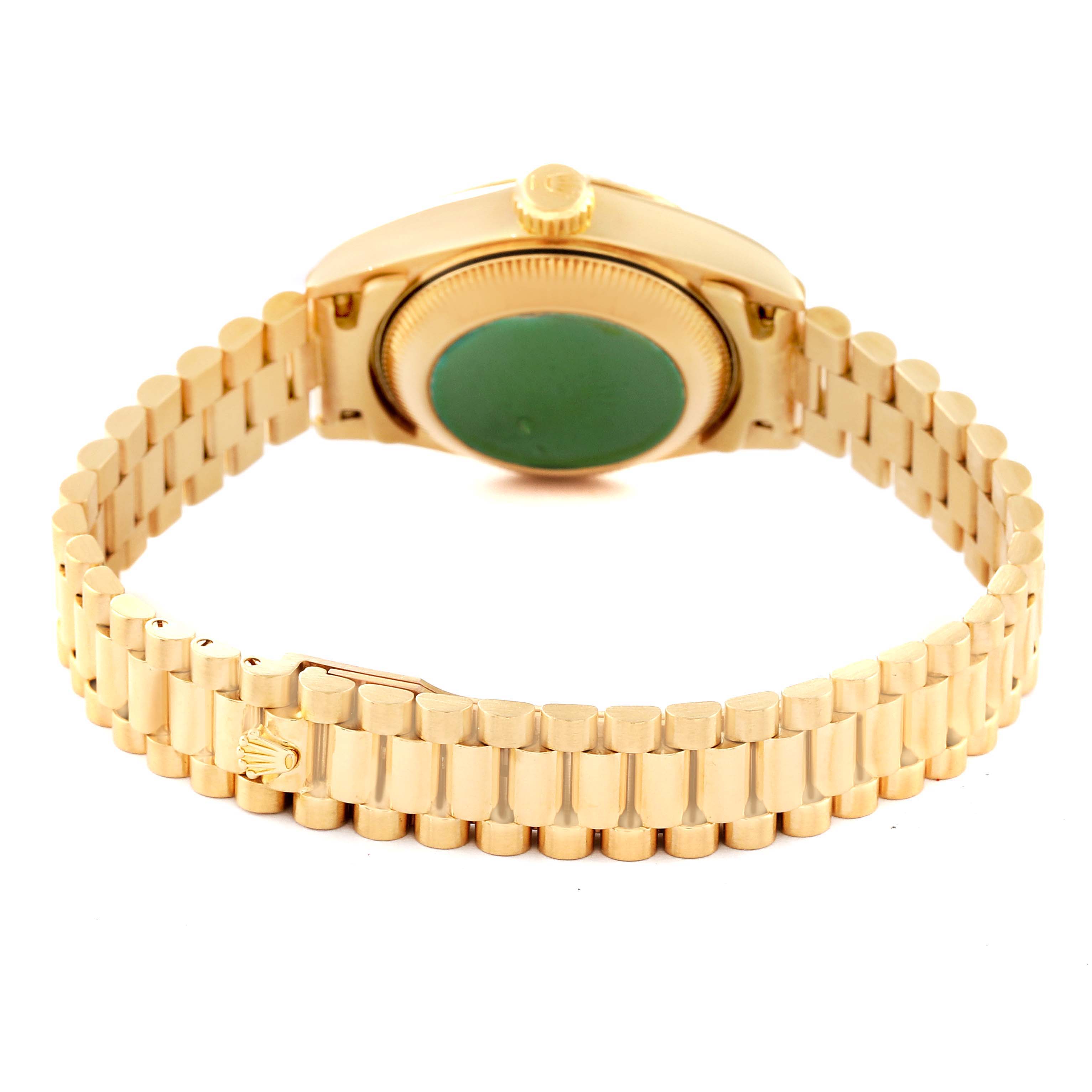 The image shows the back casing and bracelet of a Rolex President 69178 Women's Yellow Gold White Dial 69178 Women's Yellow Gold White Dial model watch, taken from a rear angle.