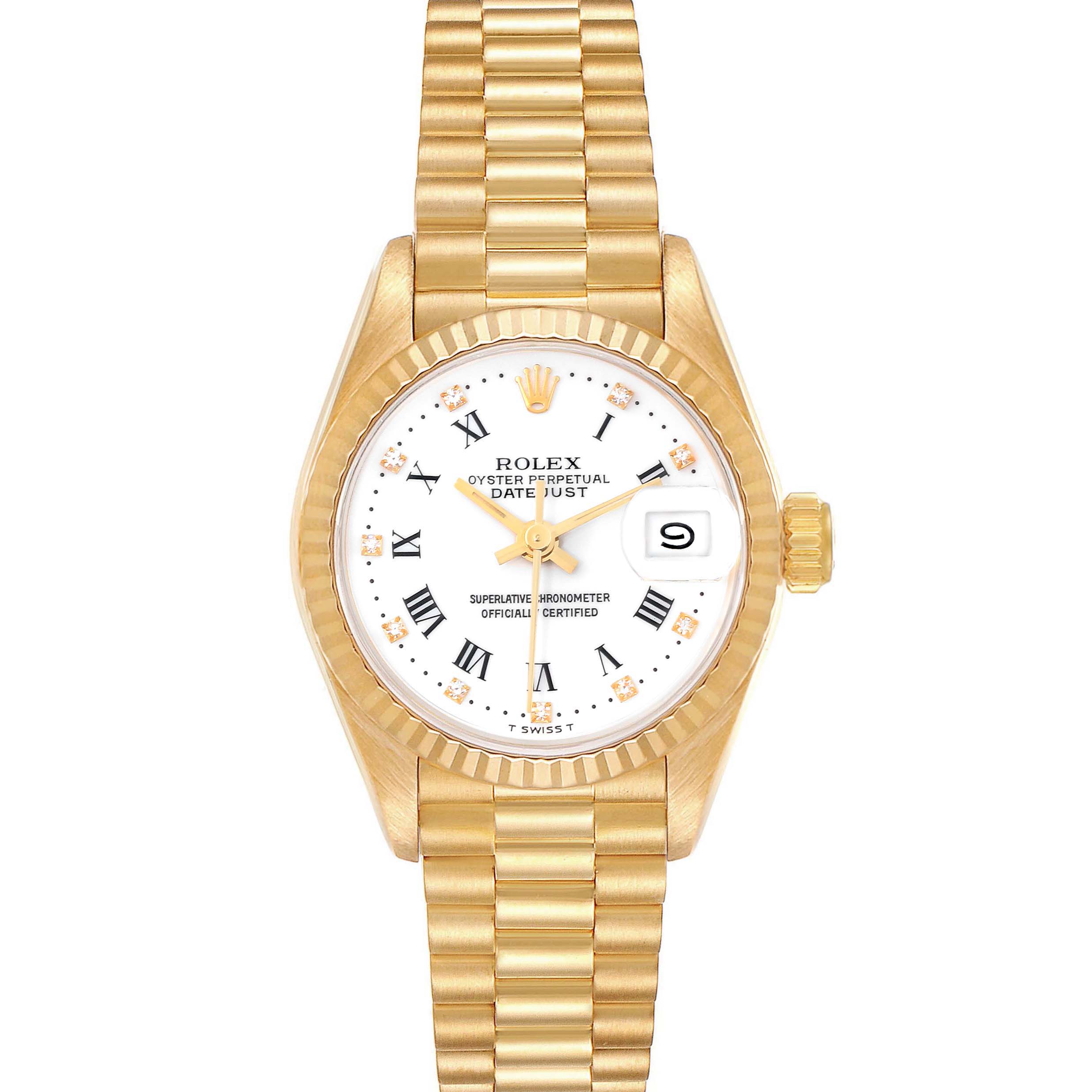 This image shows a front view of a Rolex President 69178 Women's Yellow Gold White Dial 69178 Women's Yellow Gold White Dial model watch, displaying its face, bezel, crown, and bracelet.