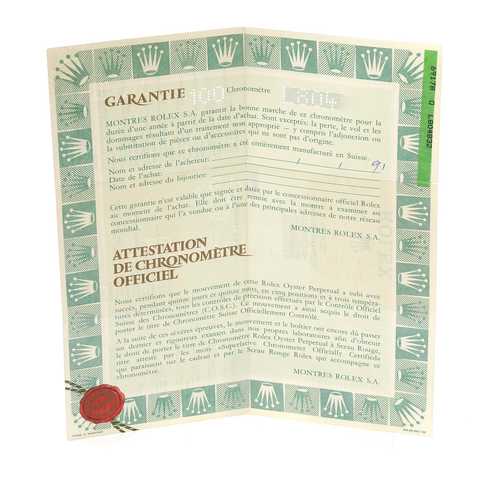 The image shows the guarantee and official chronometer certification paper for a Rolex President 69178 Women's Yellow Gold White Dial 69178 Women's Yellow Gold White Dial model watch.