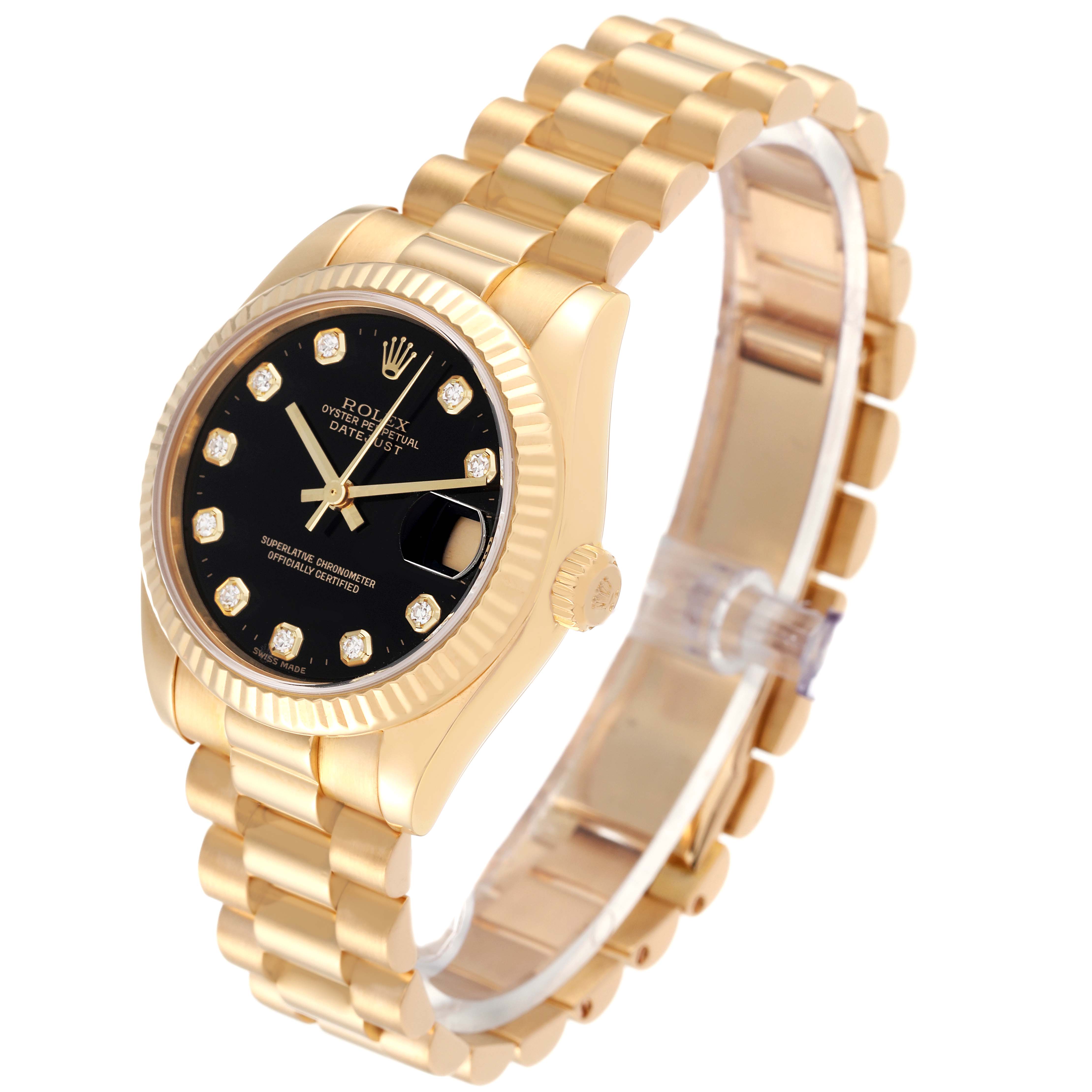 The image shows a side angle of a Rolex President 178278 Women's Yellow Gold Black Dial 178278 Women's Yellow Gold Black Dial model watch, highlighting its gold bracelet, black dial, and fluted bezel.