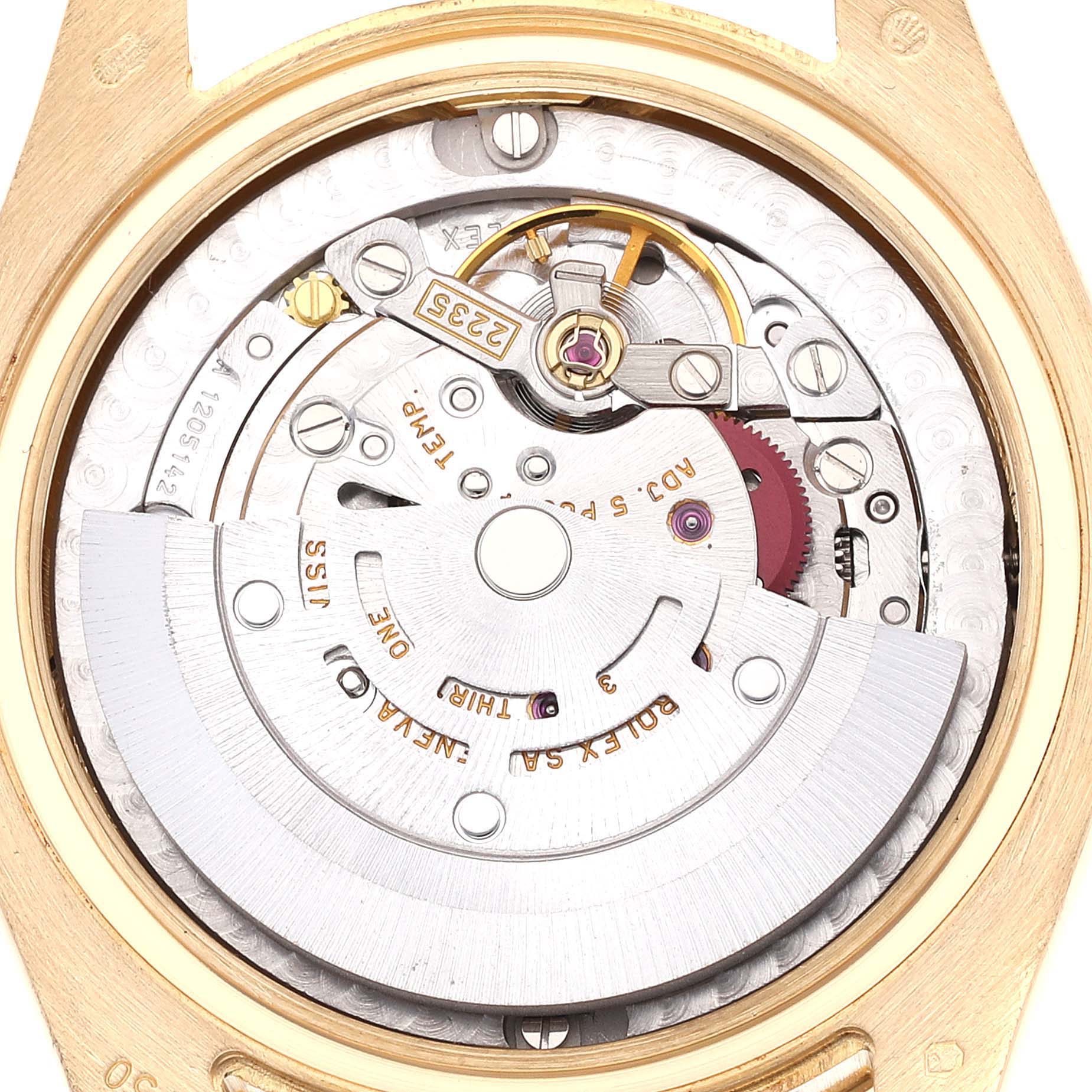 This image shows the inner movement parts of a Rolex President 178278 Women's Yellow Gold Black Dial 178278 Women's Yellow Gold Black Dial model watch from a top-down angle.