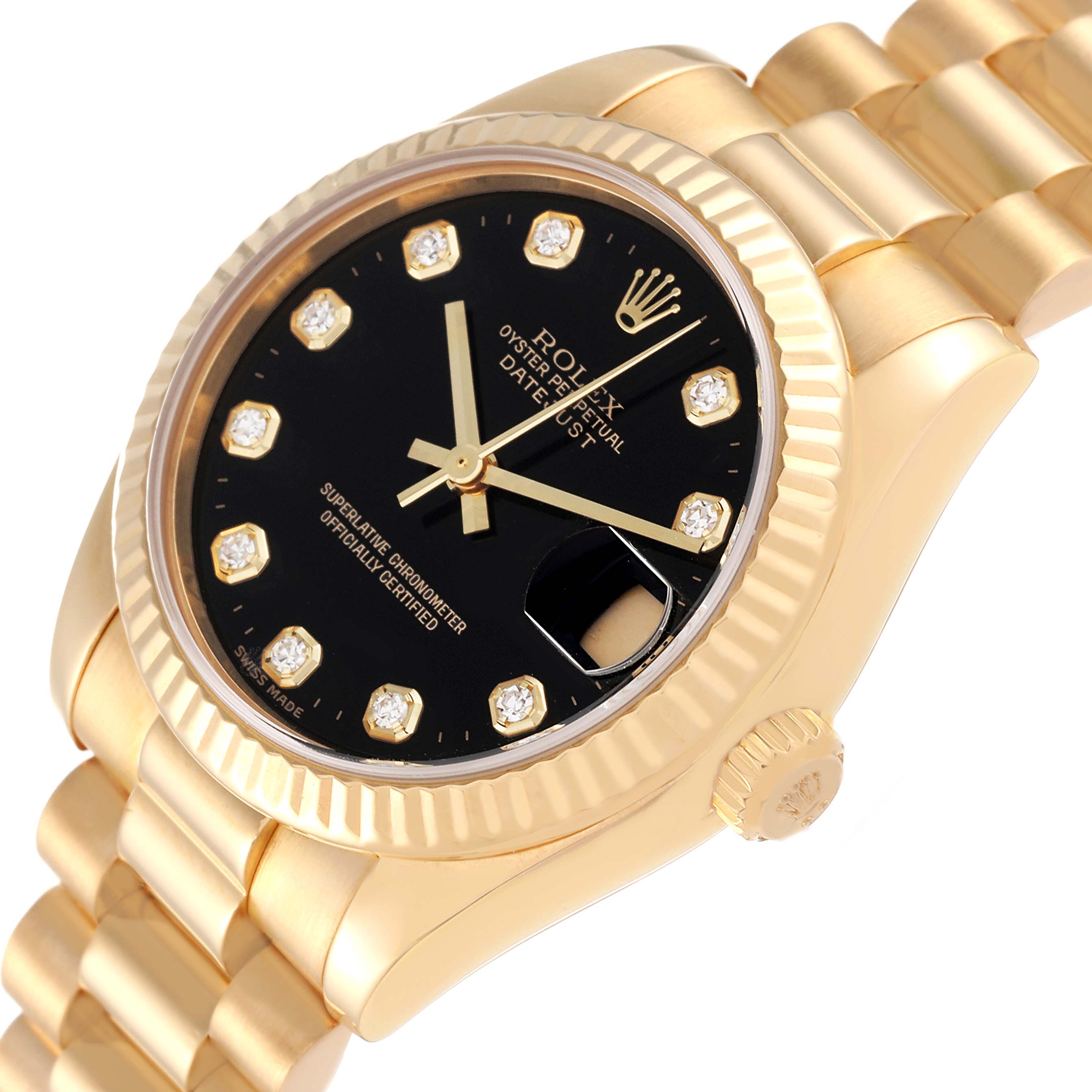 This image shows a close-up, angled view of the Rolex President 178278 Women's Yellow Gold Black Dial 178278 Women's Yellow Gold Black Dial watch, highlighting the dial, bezel, crown, and bracelet.