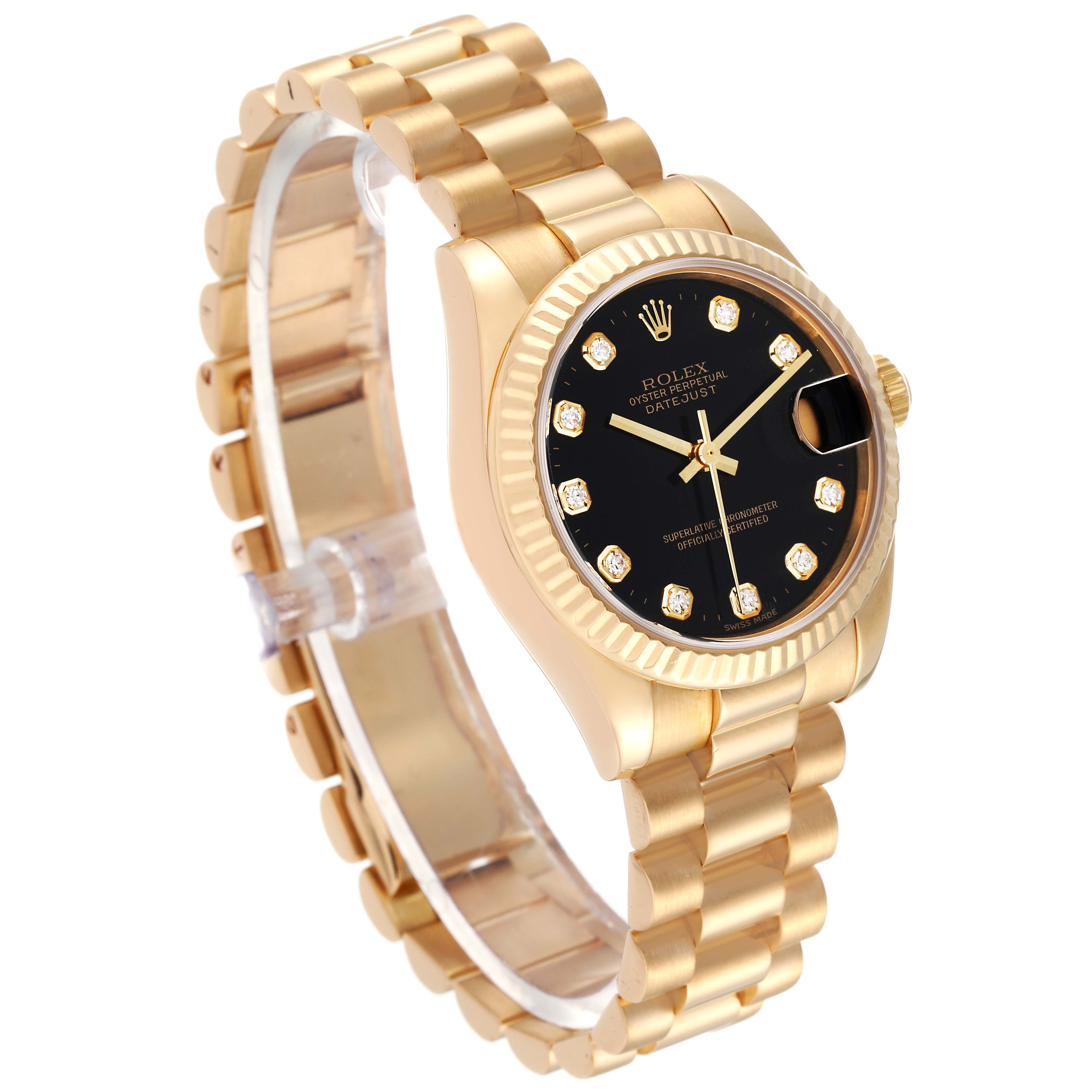 This image shows a Rolex President 178278 Women's Yellow Gold Black Dial 178278 Women's Yellow Gold Black Dial model watch from an angled side view, highlighting the gold bracelet, black dial, and diamond hour markers.