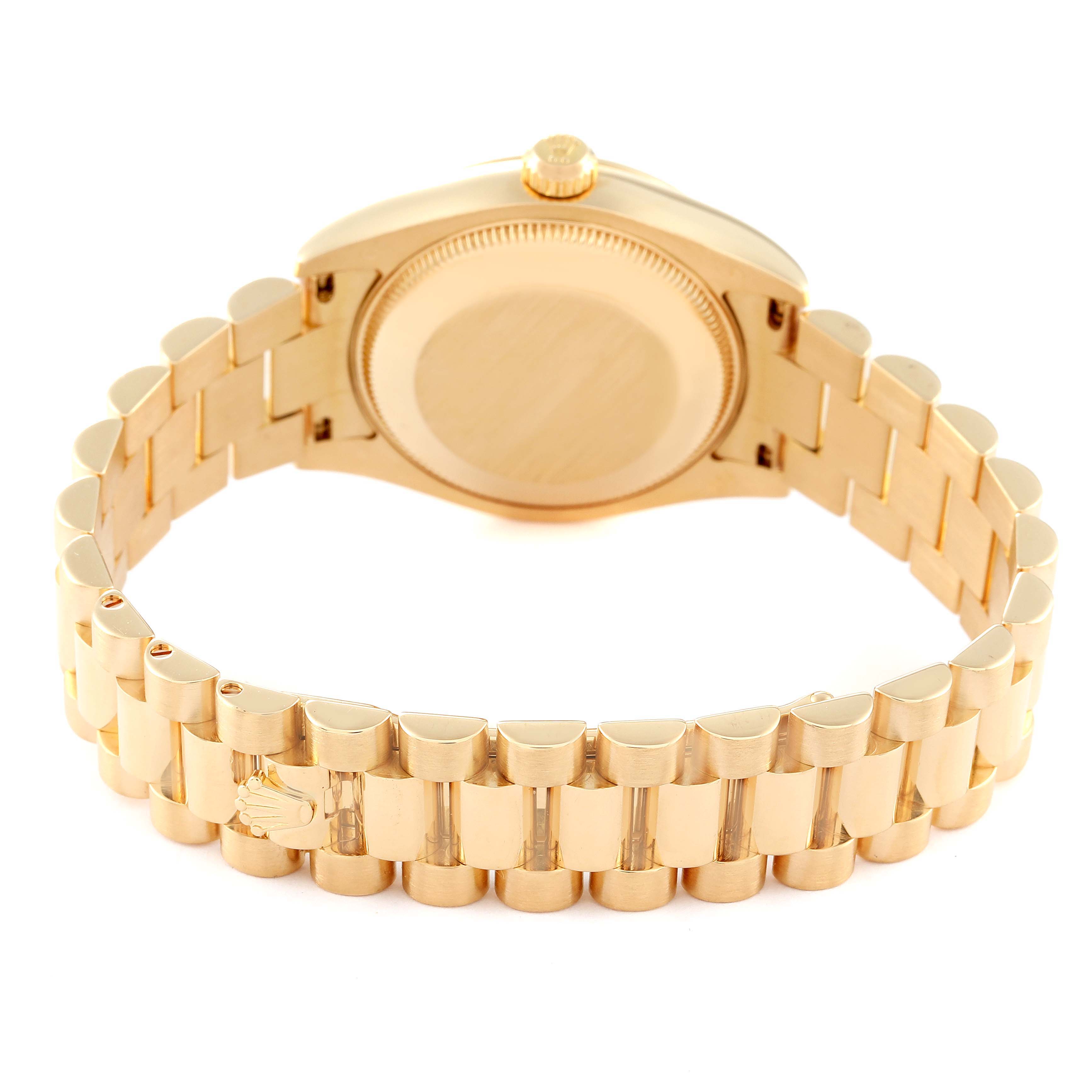 This image shows the back case and bracelet of a Rolex President 178278 Women's Yellow Gold Black Dial 178278 Women's Yellow Gold Black Dial model watch from a rear angle.