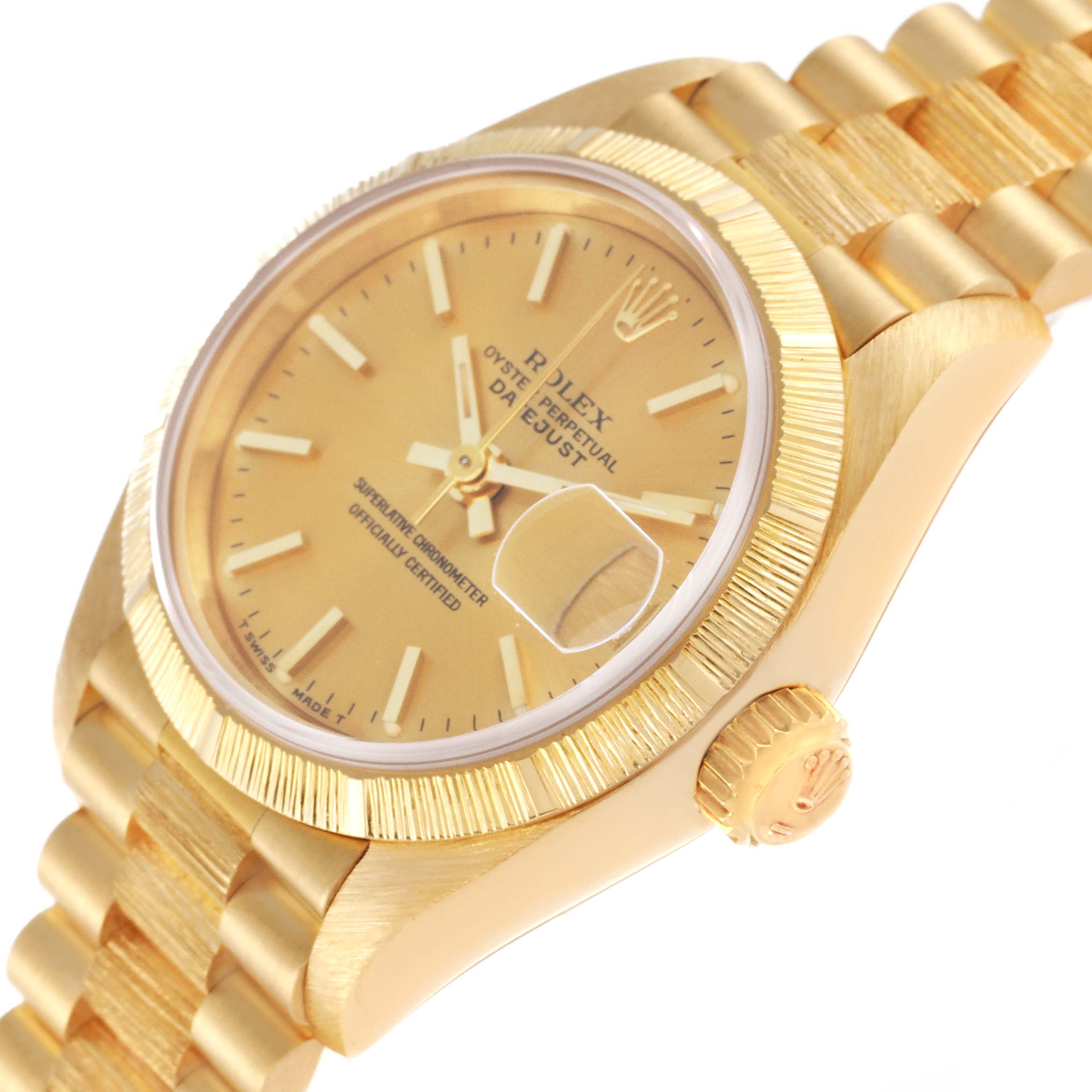 This image shows a close-up angle of the face, crown, and bracelet of a Rolex President 69278 Women
s Yellow Gold Champagne Dial 69278 Women
s Yellow Gold Champagne Dial model watch.