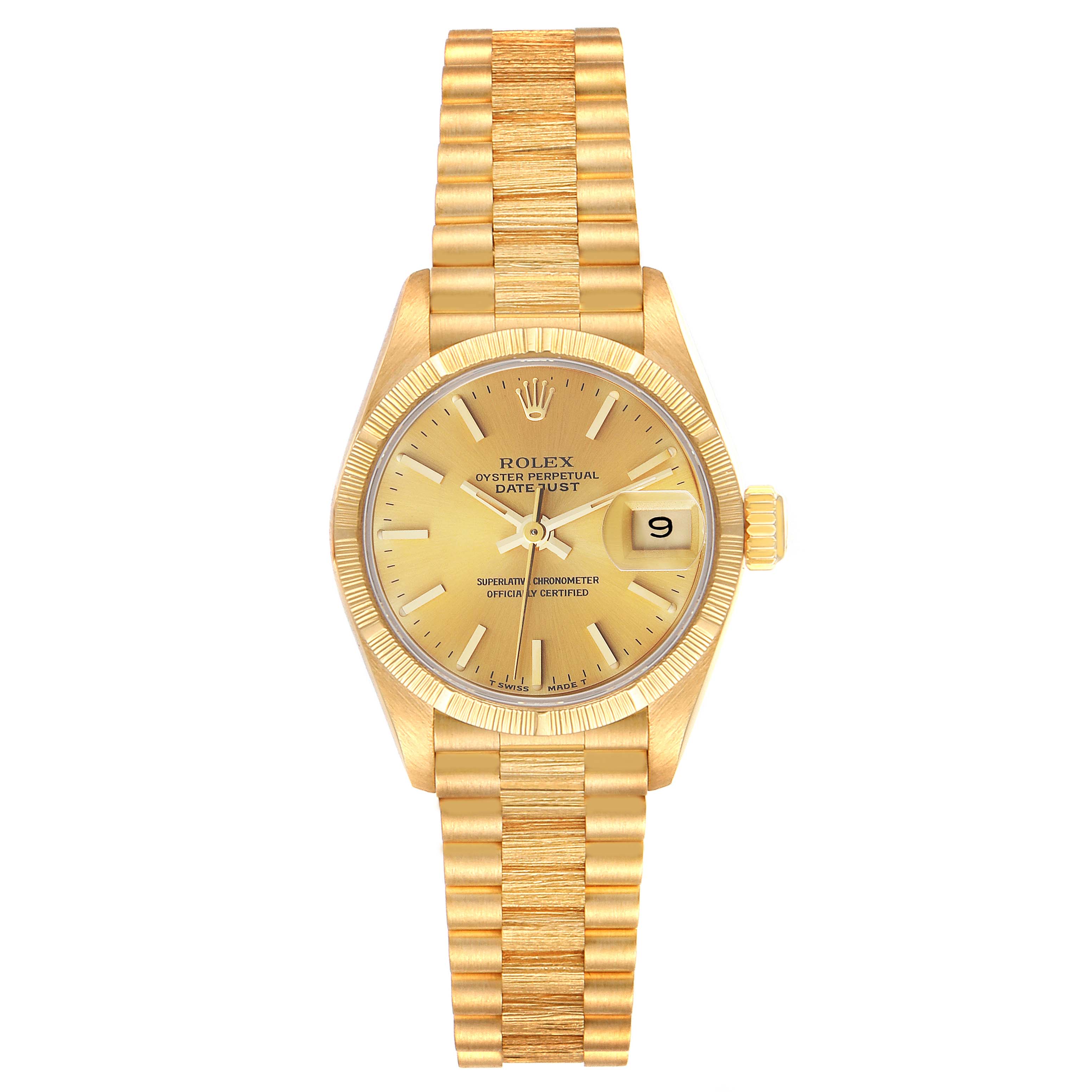 The image shows a frontal view of a Rolex President 69278 Women
s Yellow Gold Champagne Dial 69278 Women
s Yellow Gold Champagne Dial model watch, showcasing its golden case, dial, and bracelet.