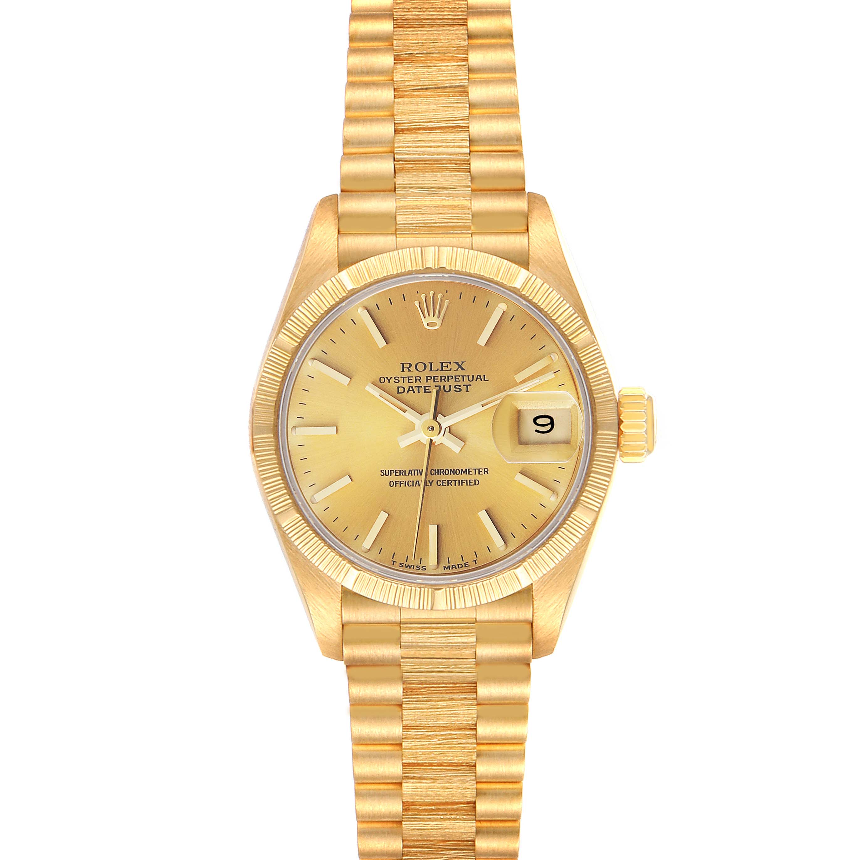 The image shows a front view of a Rolex President 69278 Women
s Yellow Gold Champagne Dial 69278 Women
s Yellow Gold Champagne Dial model watch, featuring its face, dial, hands, date display, and bracelet.