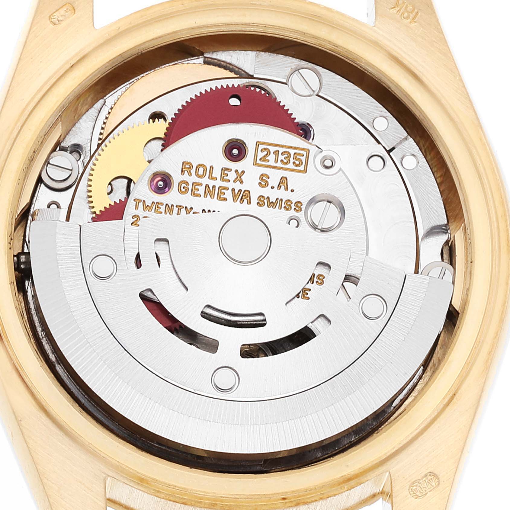 This image shows the open back view of a Rolex President 69278 Women
s Yellow Gold Champagne Dial 69278 Women
s Yellow Gold Champagne Dial model, focusing on the intricate internal movement and components.