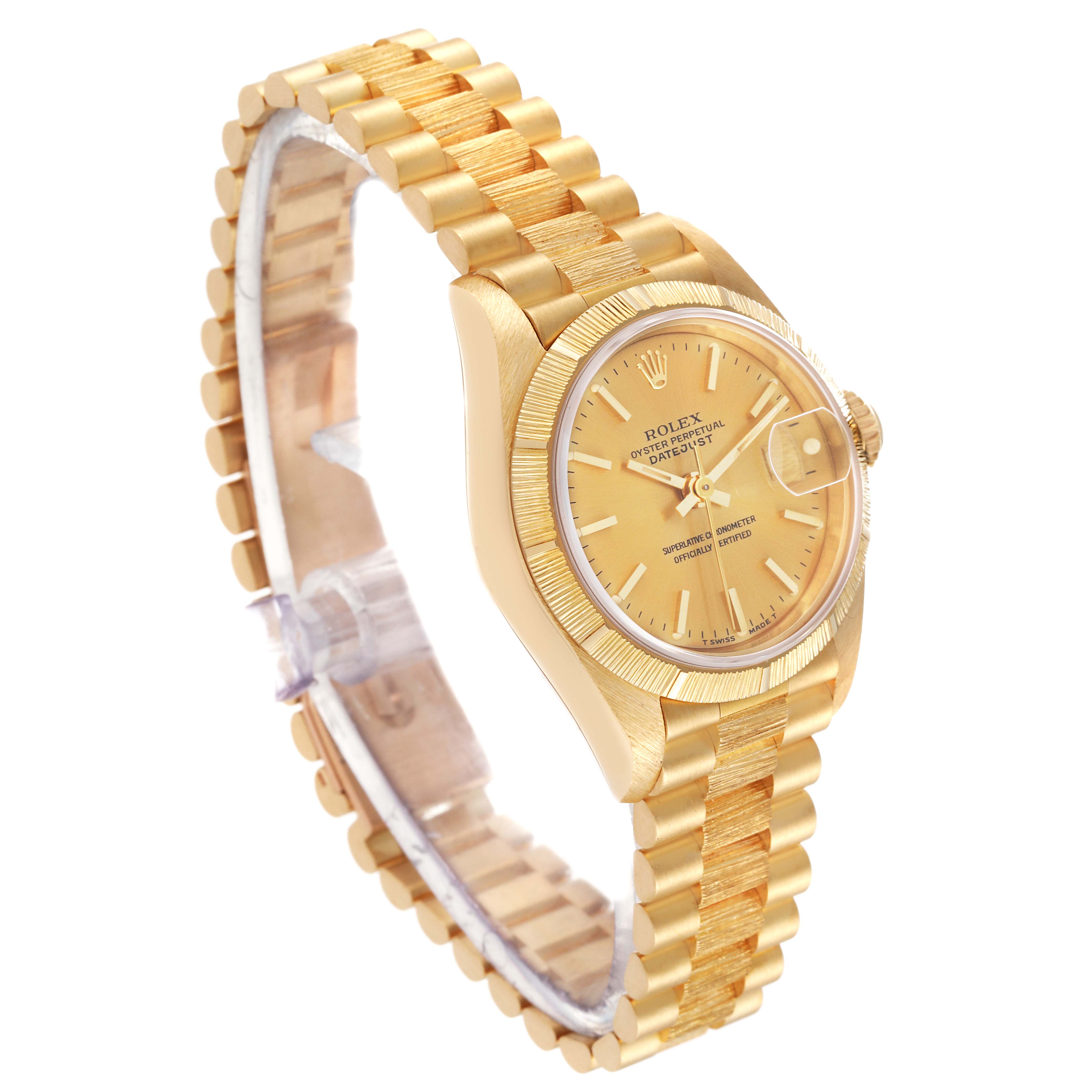 This image shows a Rolex President 69278 Women
s Yellow Gold Champagne Dial 69278 Women
s Yellow Gold Champagne Dial model watch at a three-quarter angle, highlighting the bracelet, case, and face.