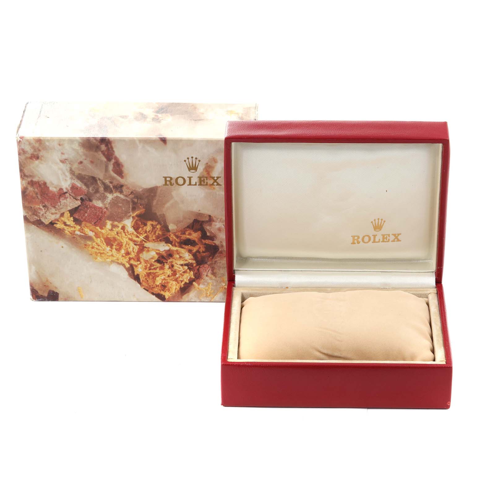 This image shows a Rolex President 69278 Women
s Yellow Gold Champagne Dial 69278 Women
s Yellow Gold Champagne Dial model watch box and cushion viewed from the front with the outer packaging visible.