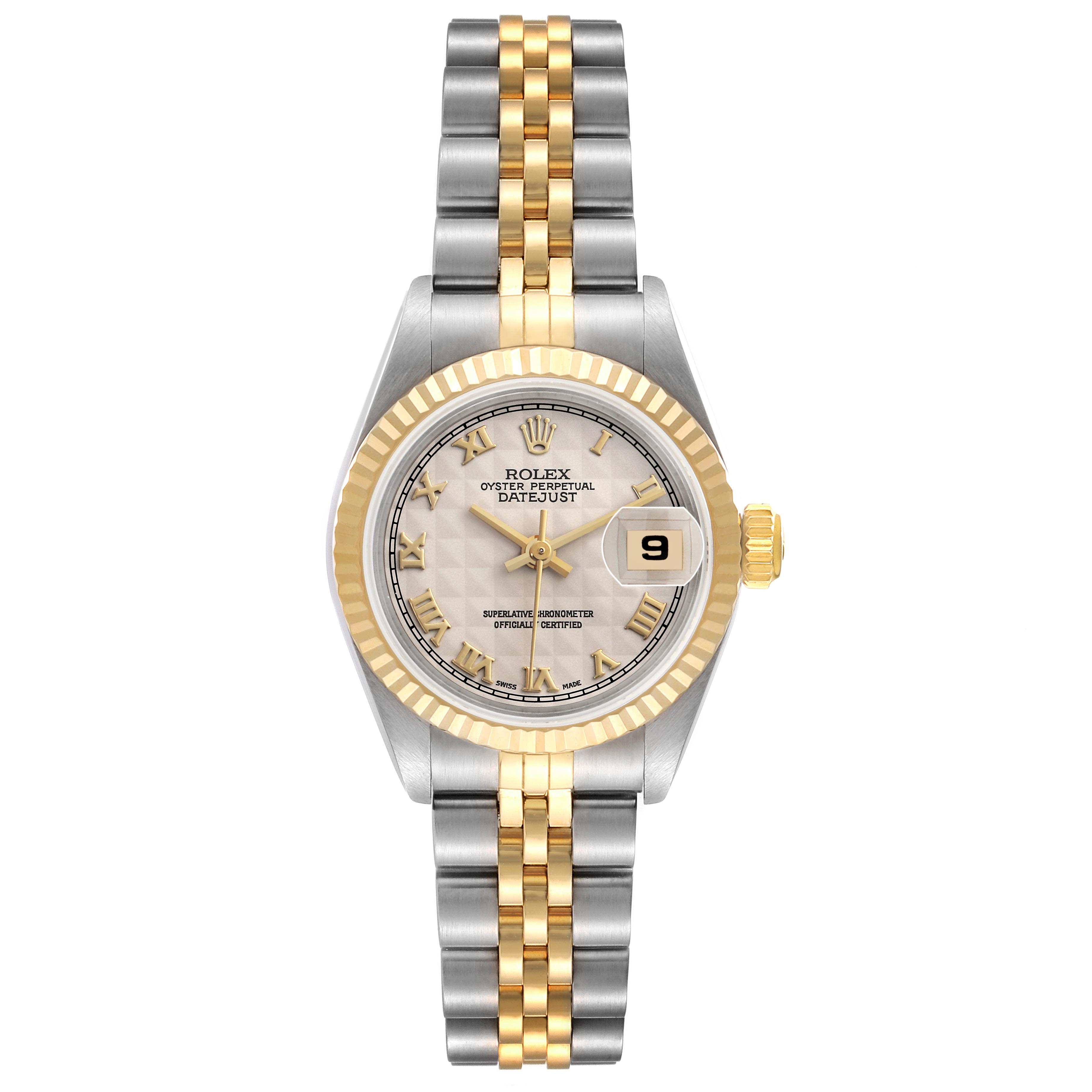 The Rolex Datejust 69173 Women's Steel and Gold (two tone) Beige Dial 69173 Women's Steel and Gold (two tone) Beige Dial watch is shown from a top-down angle, highlighting the dial, bezel, crown, and two-tone bracelet.