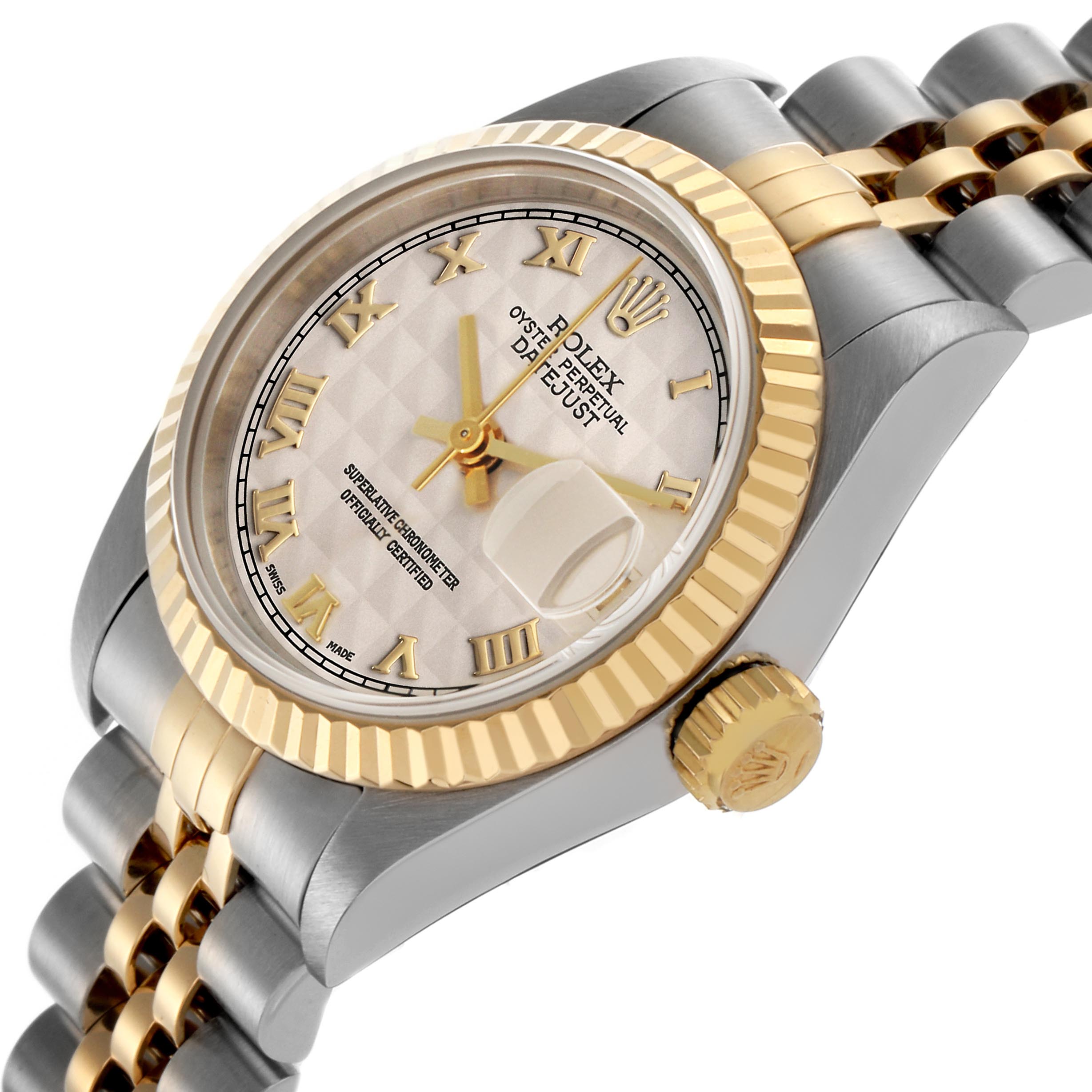 The Rolex Datejust 69173 Women's Steel and Gold (two tone) Beige Dial 69173 Women's Steel and Gold (two tone) Beige Dial is shown at a tilted angle, highlighting the gold bezel, Roman numeral dial, and two-tone bracelet.