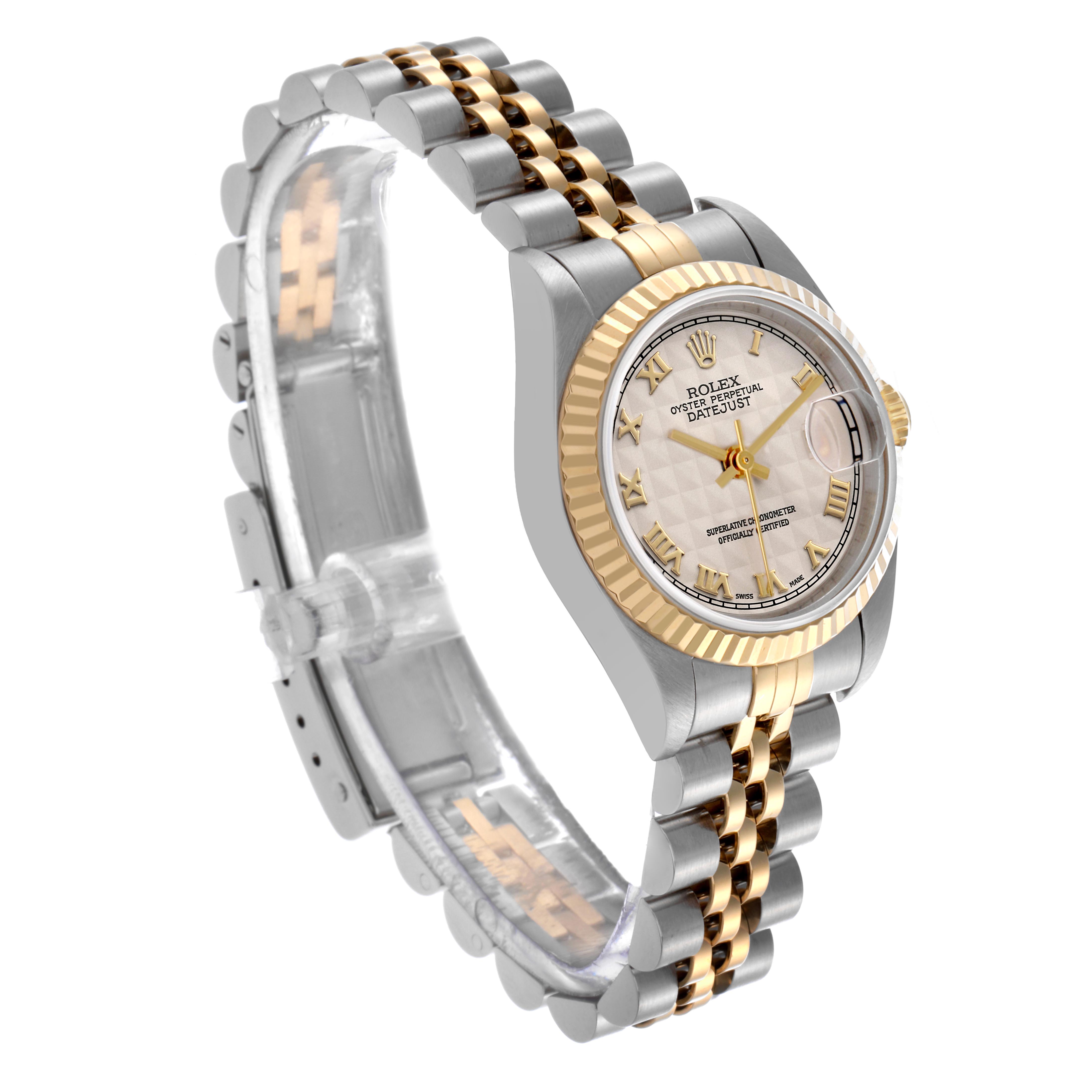 The Rolex Datejust 69173 Women's Steel and Gold (two tone) Beige Dial 69173 Women's Steel and Gold (two tone) Beige Dial watch is shown at a three-quarter angle, highlighting the bezel, bracelet, clasp, and partial dial.