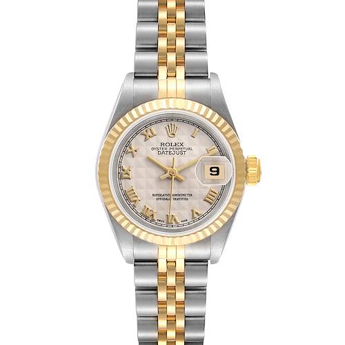 The image shows a front view of the Rolex Datejust, highlighting the dial, bezel, and two-tone bracelet.