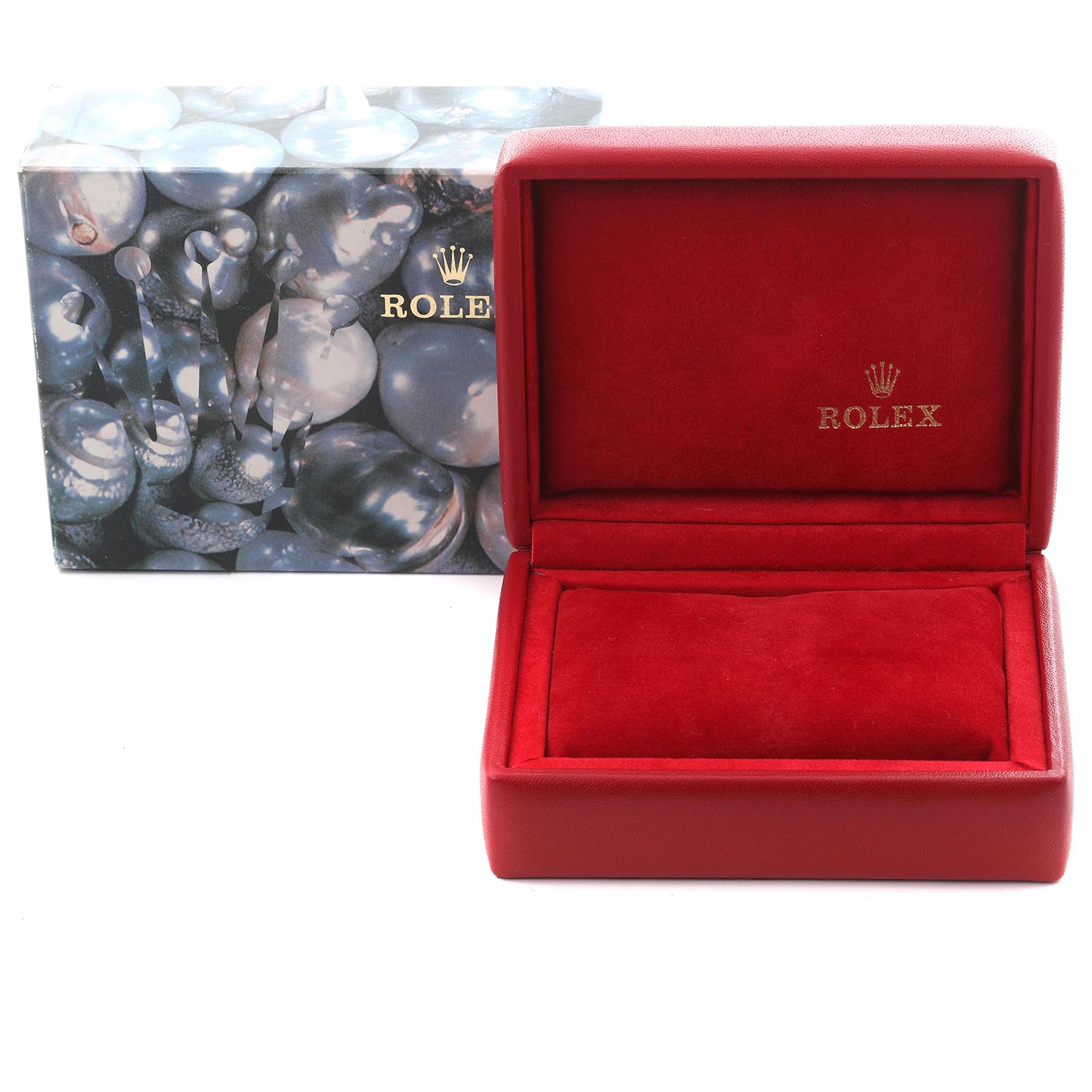 The image shows a red Rolex Datejust 69173 Women's Steel and Gold (two tone) Beige Dial 69173 Women's Steel and Gold (two tone) Beige Dial watch box with a matching outer box featuring a pearl design.