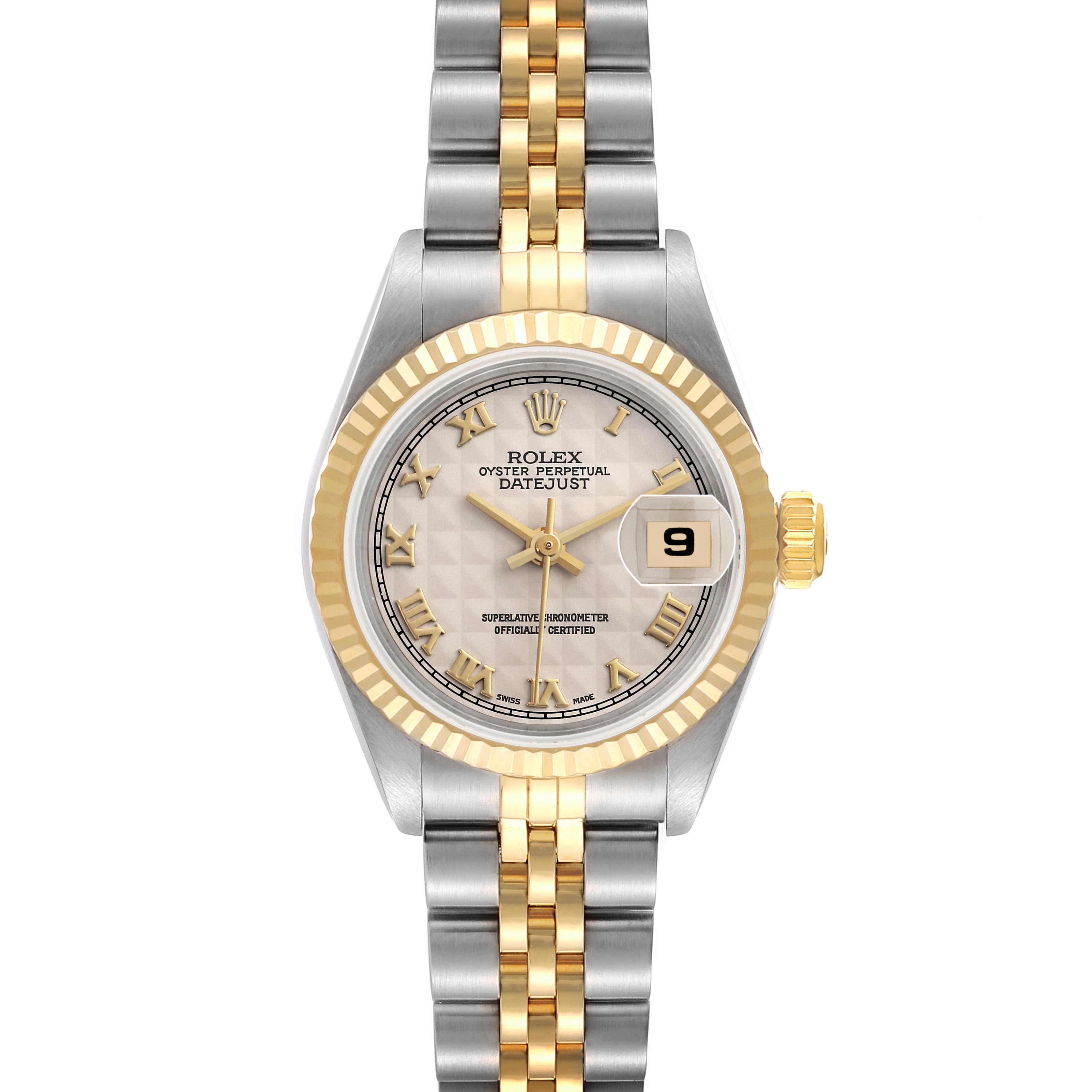 The Rolex Datejust 69173 Women's Steel and Gold (two tone) Beige Dial 69173 Women's Steel and Gold (two tone) Beige Dial watch is shown from the front, displaying the face, two-tone bracelet, and fluted bezel.