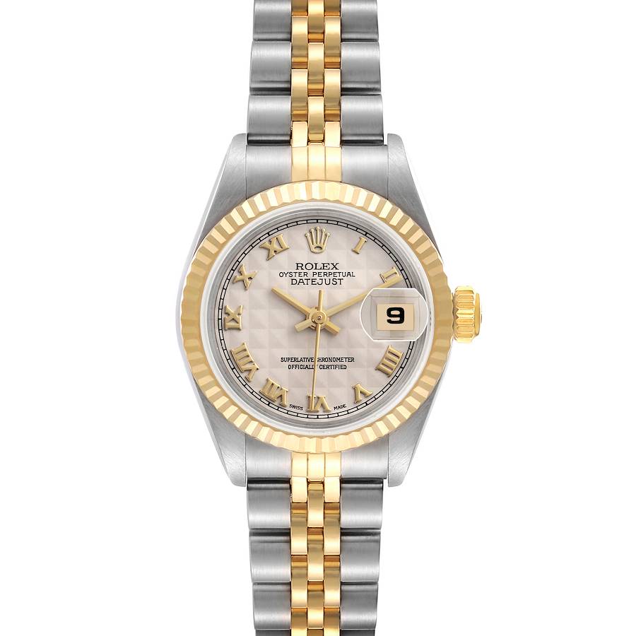 The Rolex Datejust watch is shown from the front, displaying the face, two-tone bracelet, and fluted bezel.