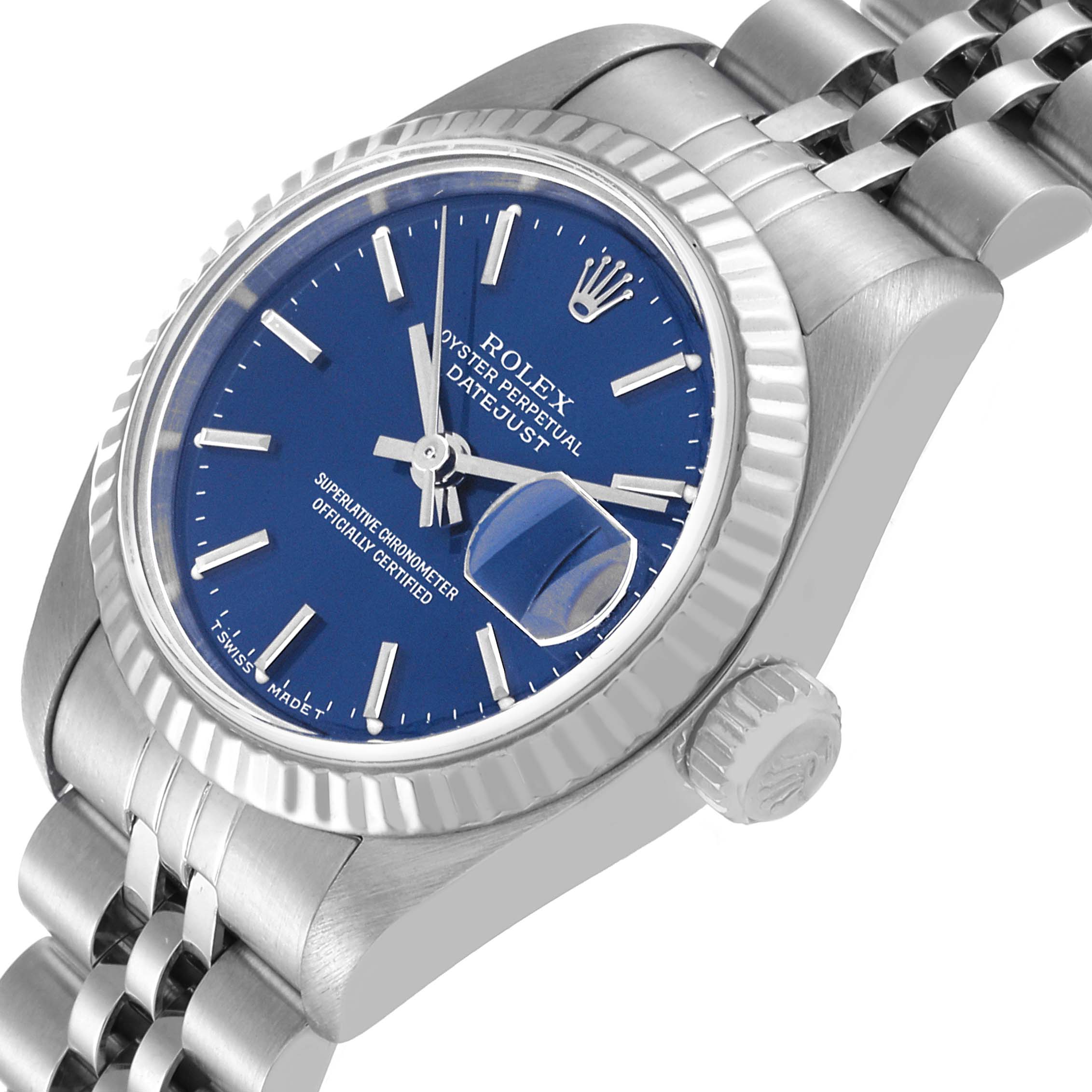 The image shows an angled close-up of a Rolex Datejust 69174 Women's Stainless Steel Blue Dial 69174 Women's Stainless Steel Blue Dial watch, displaying the dial, bezel, crown, and part of the bracelet.