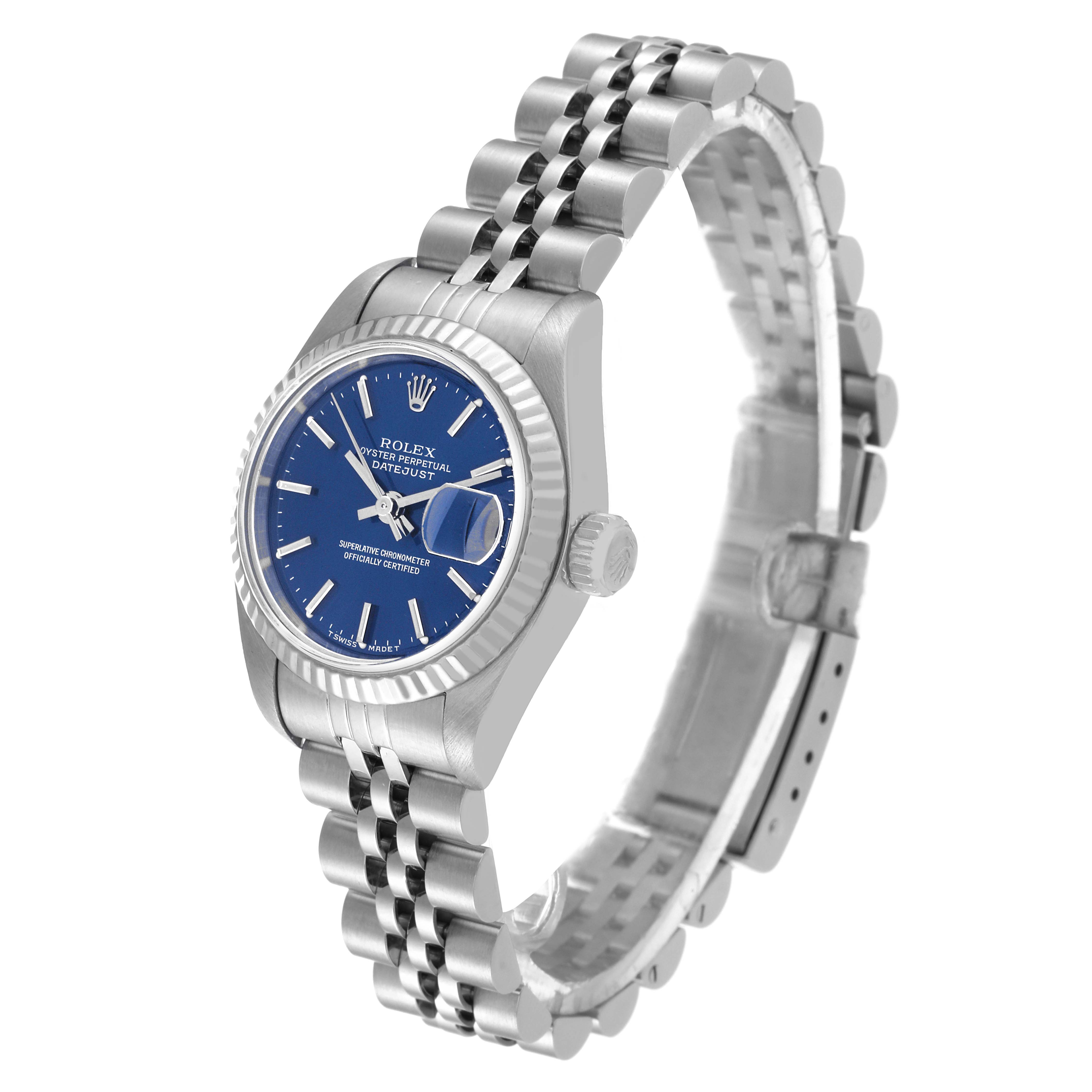 The Rolex Datejust 69174 Women's Stainless Steel Blue Dial 69174 Women's Stainless Steel Blue Dial watch is shown from an angled side view, highlighting the face, bezel, and bracelet.