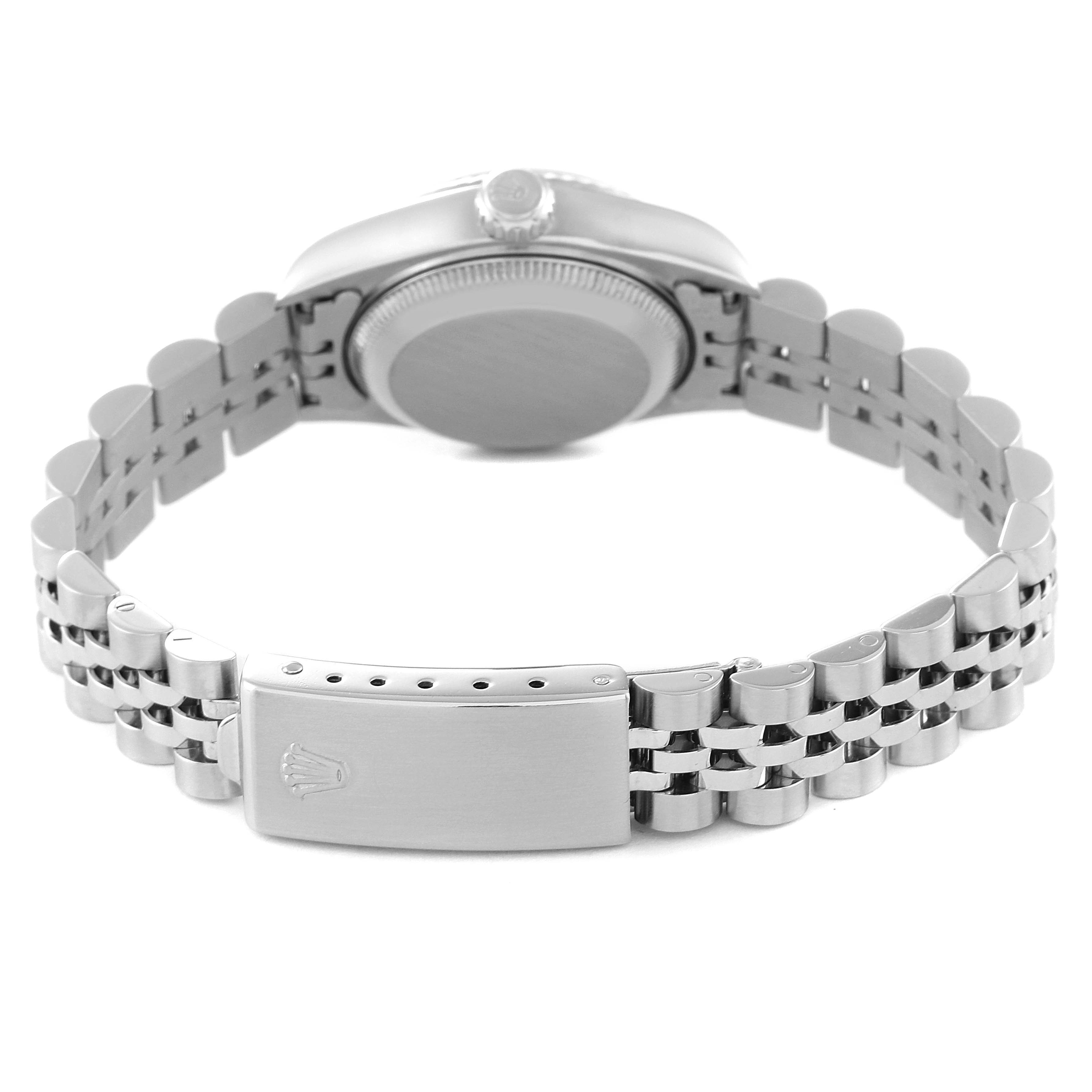 This image shows the back view of the Rolex Datejust 69174 Women's Stainless Steel Blue Dial 69174 Women's Stainless Steel Blue Dial watch, highlighting the bracelet and clasp.