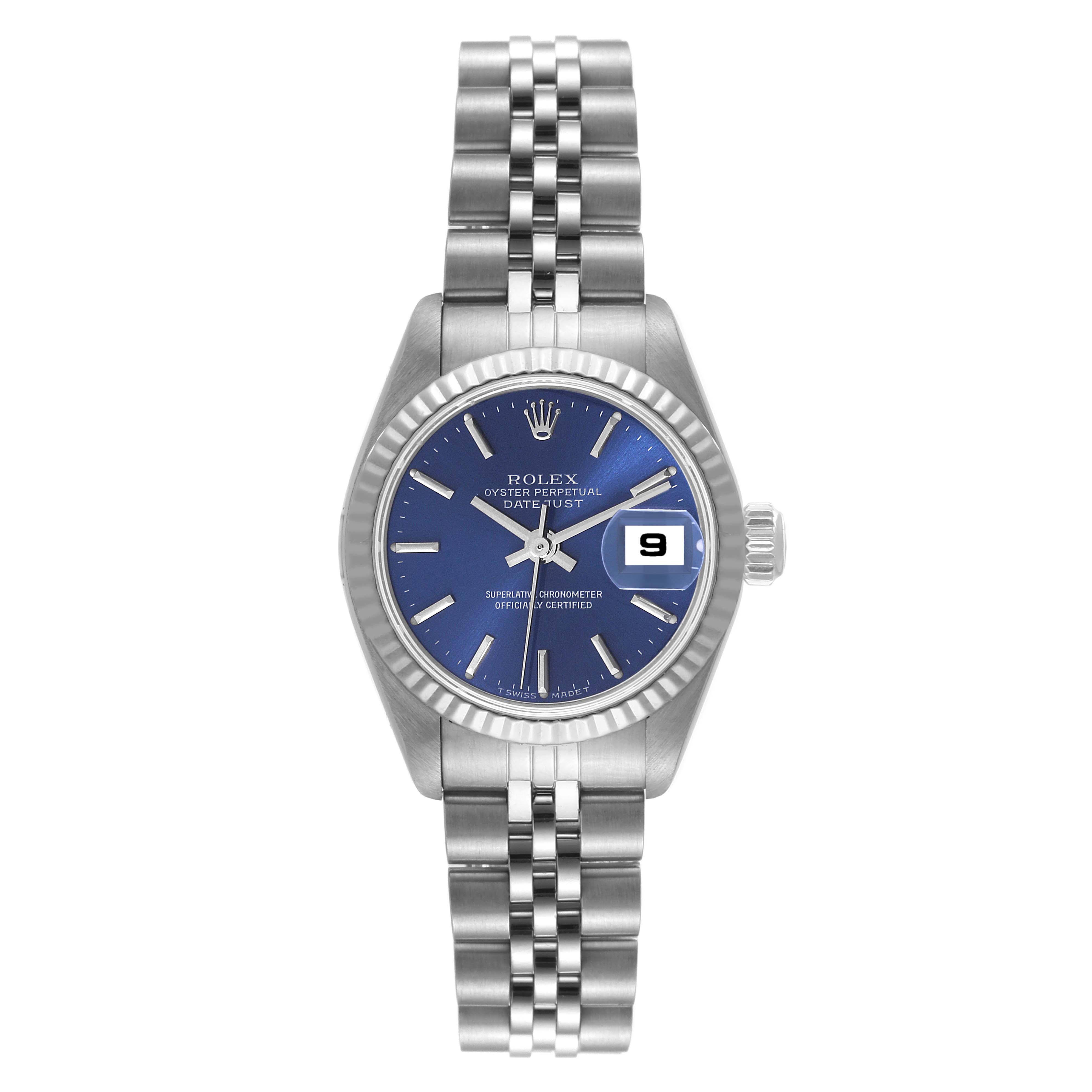 The image shows a Rolex Datejust 69174 Women's Stainless Steel Blue Dial 69174 Women's Stainless Steel Blue Dial watch from the front, displaying the blue dial, date window, and metal bracelet.