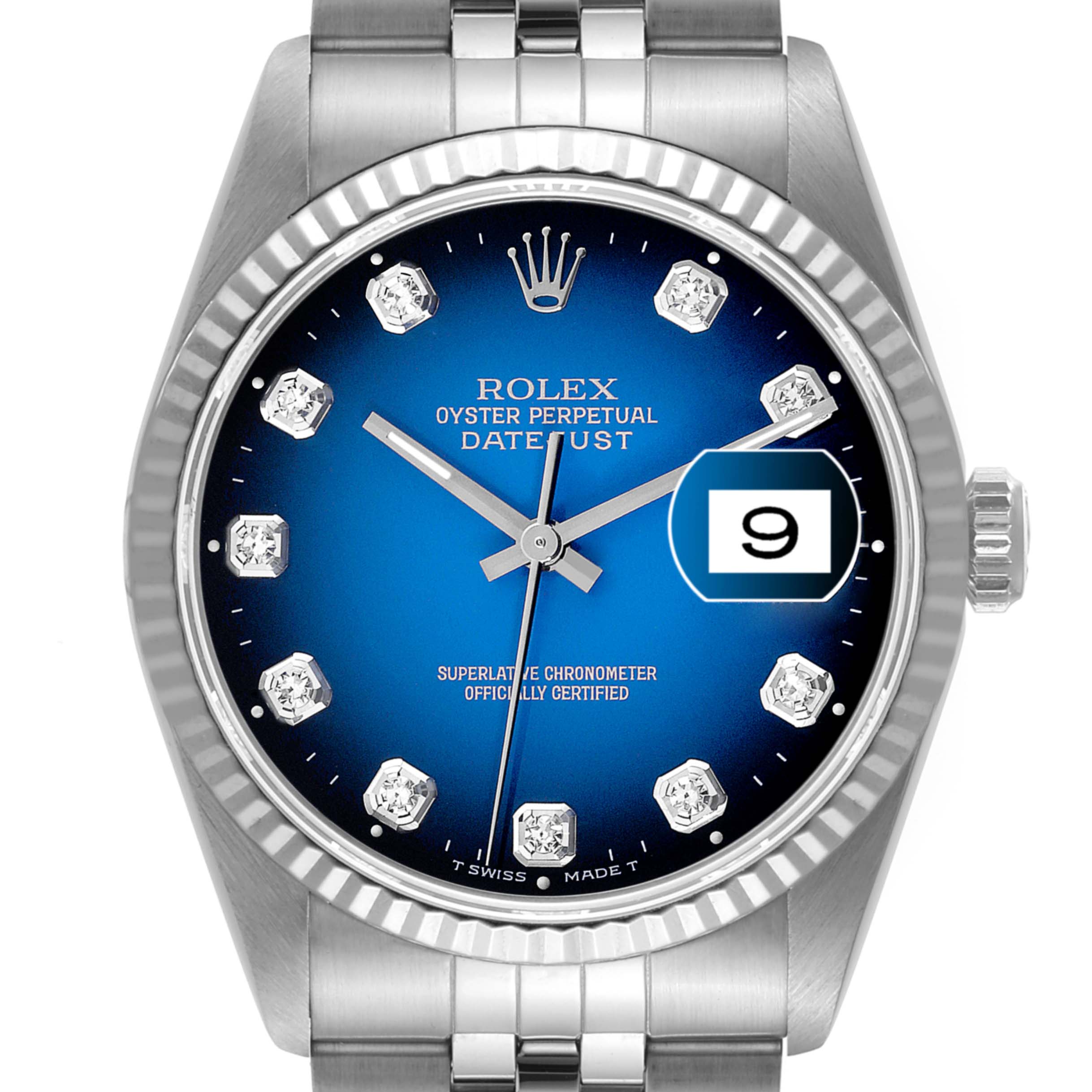 This image shows a close-up frontal view of a Rolex Datejust 16234 Men's Stainless Steel Blue Dial 16234 Men's Stainless Steel Blue Dial watch with a blue dial and diamond hour markers.