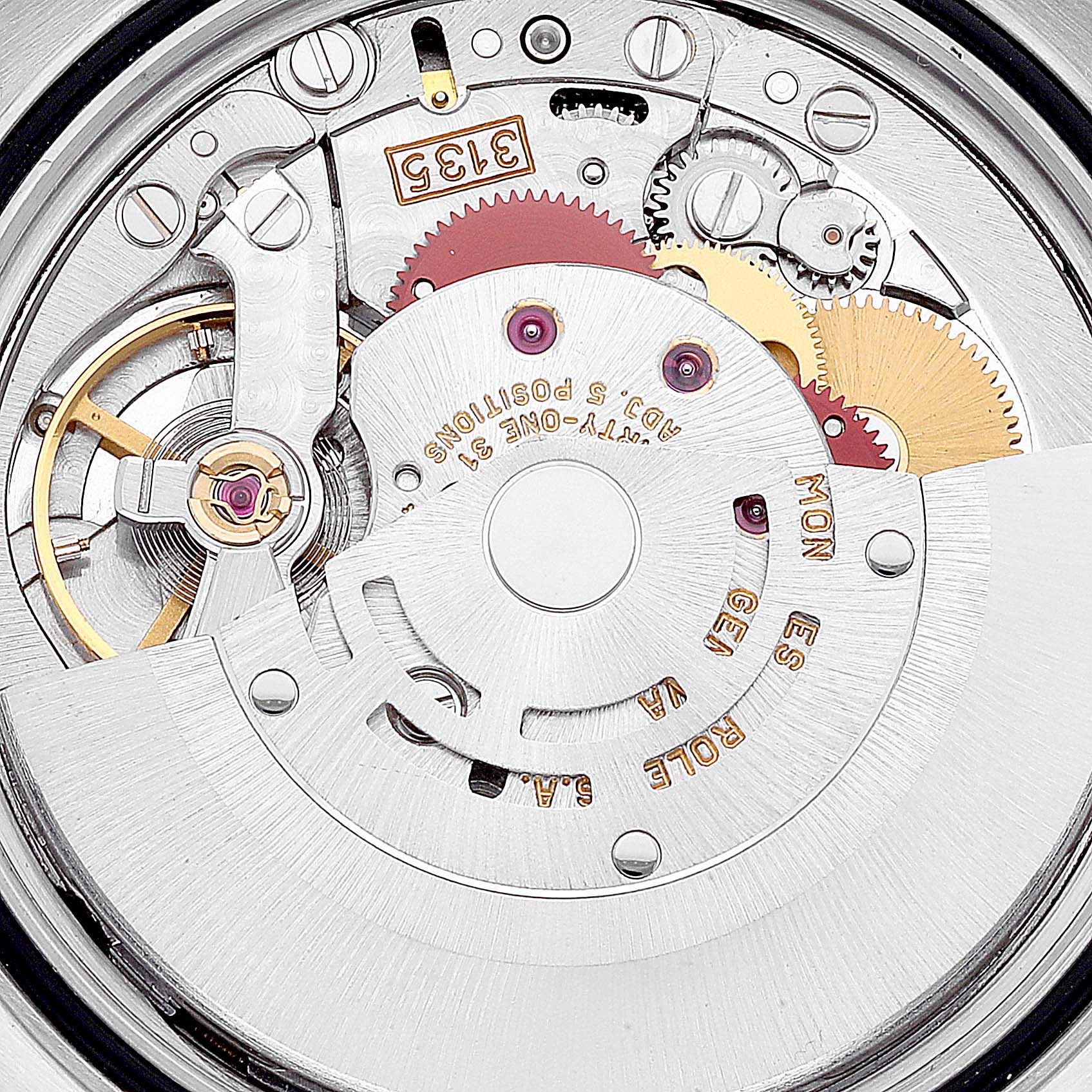 This close-up shot shows the intricate internal mechanism of the Rolex Datejust 16234 Men's Stainless Steel Blue Dial 16234 Men's Stainless Steel Blue Dial watch.