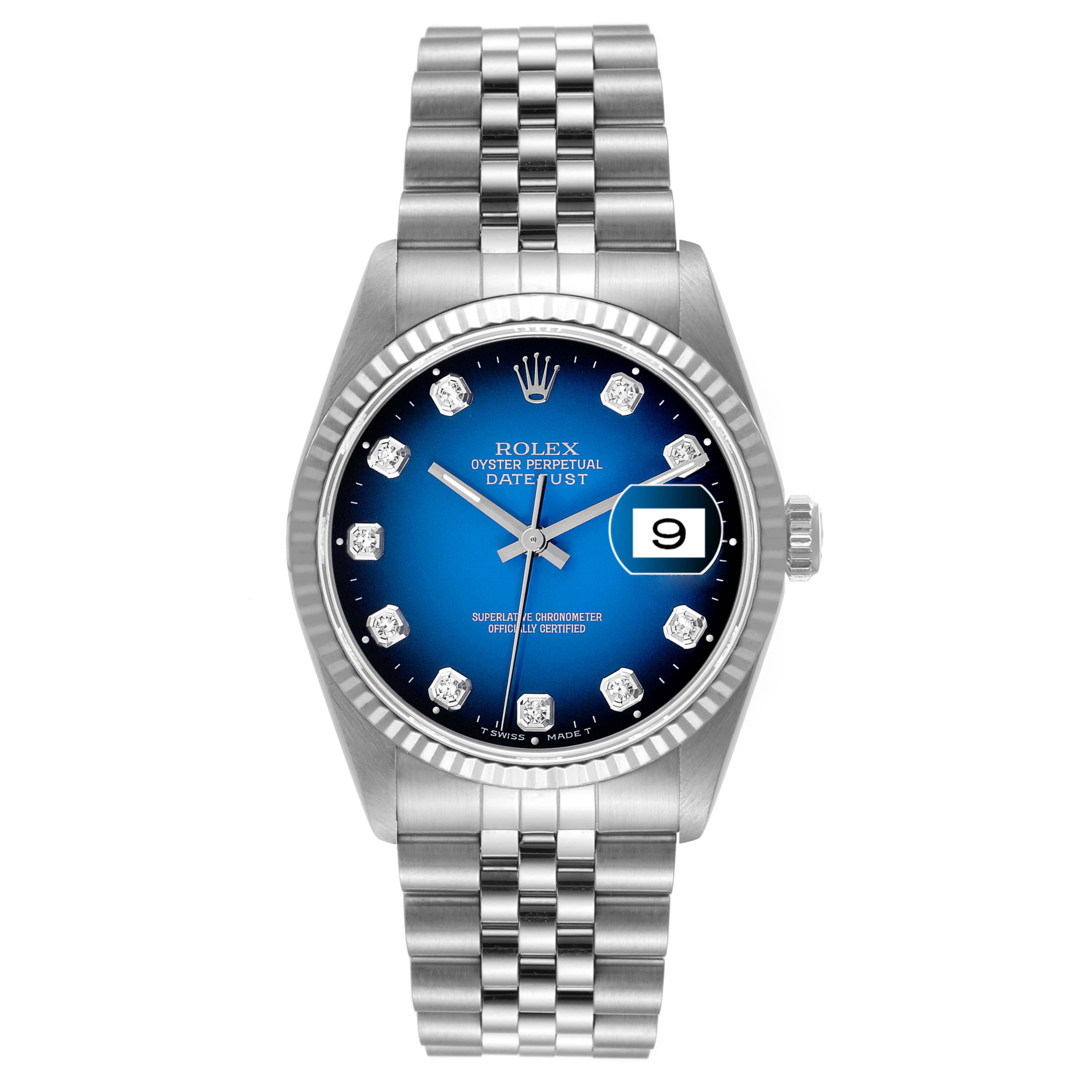 The image shows a Rolex Datejust 16234 Men's Stainless Steel Blue Dial 16234 Men's Stainless Steel Blue Dial watch from a top-down view, highlighting its face, bezel, and bracelet.