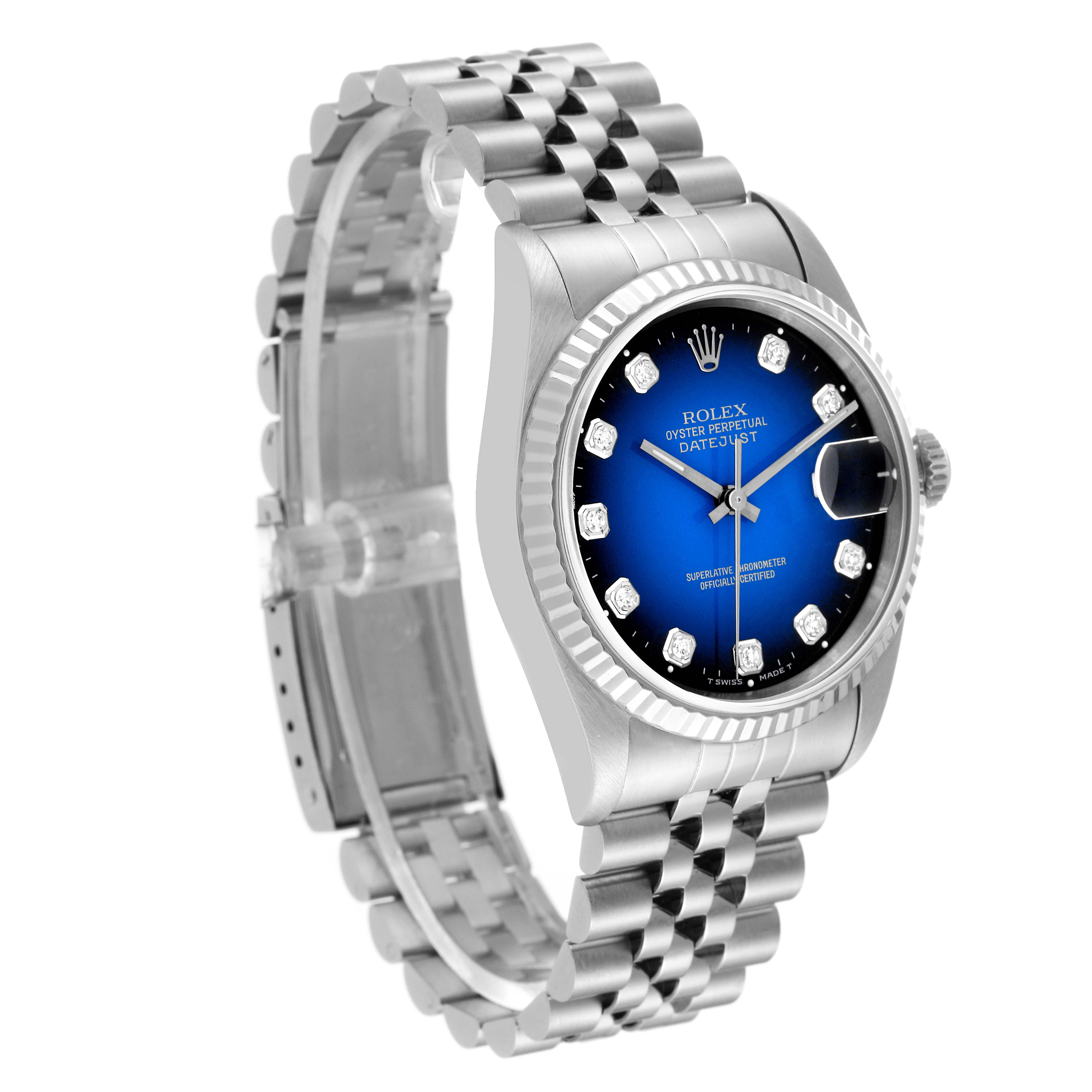 The Rolex Datejust 16234 Men's Stainless Steel Blue Dial 16234 Men's Stainless Steel Blue Dial watch is shown at an oblique angle, highlighting the blue dial, fluted bezel, and Jubilee bracelet.