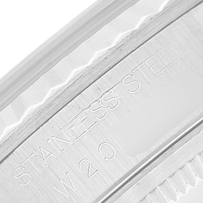 This close-up image shows part of the stainless steel bezel of a Rolex Datejust 16234 Men's Stainless Steel Blue Dial 16234 Men's Stainless Steel Blue Dial watch.