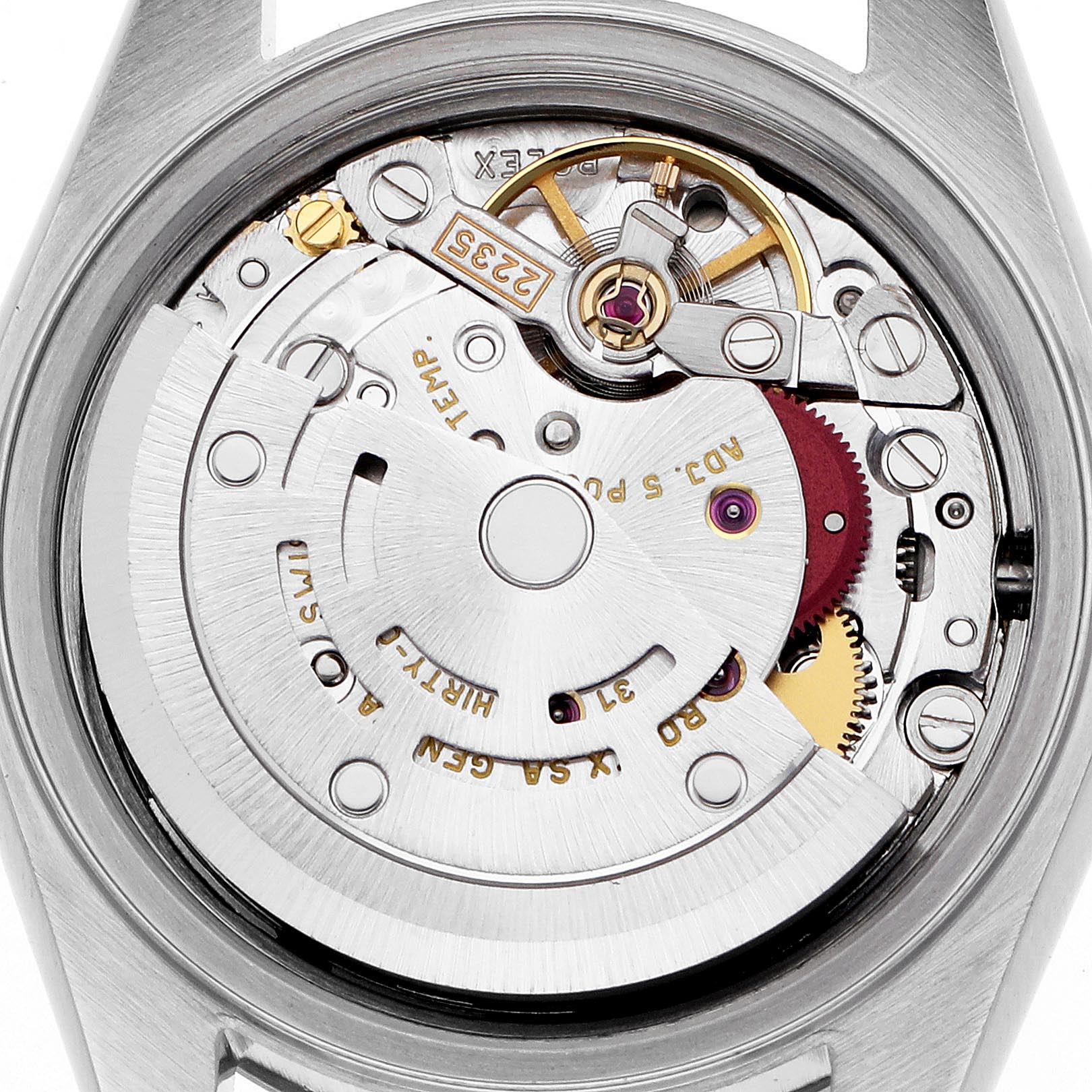 The image shows the back view of a Rolex Datejust 79174 Women's Stainless Steel Pink Dial 79174 Women's Stainless Steel Pink Dial, highlighting the movement and internal components.