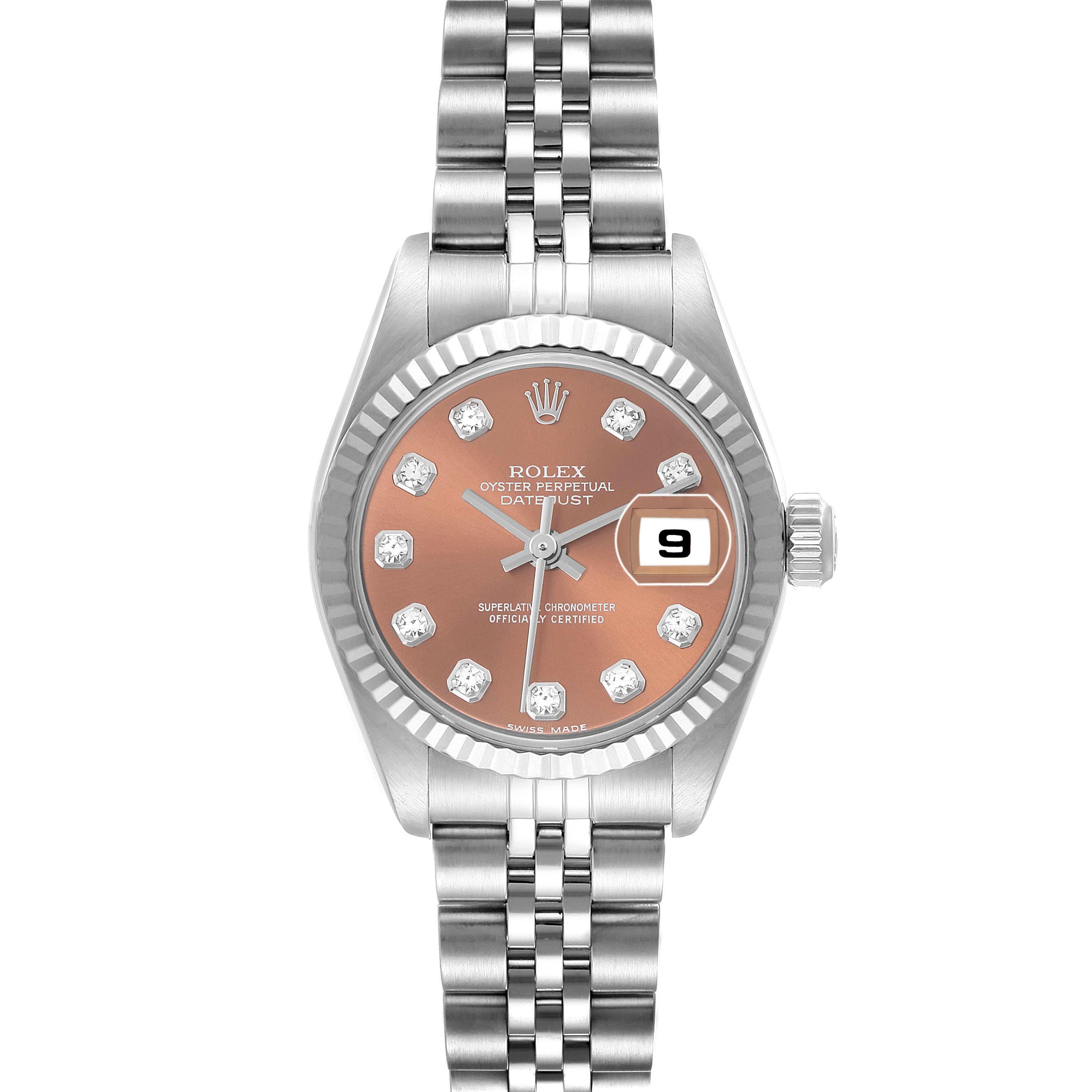 The Rolex Datejust 79174 Women's Stainless Steel Pink Dial 79174 Women's Stainless Steel Pink Dial watch is shown from the front, displaying the dial, fluted bezel, and Jubilee bracelet.