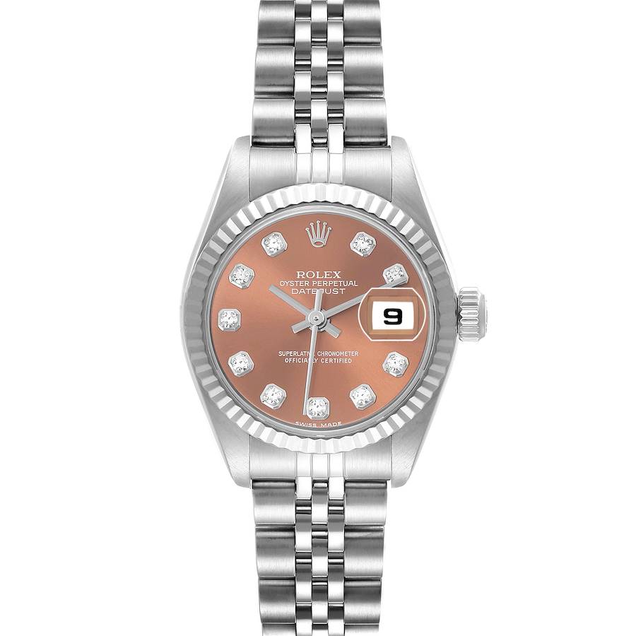 The Rolex Datejust watch is shown from the front, displaying the dial, fluted bezel, and Jubilee bracelet.