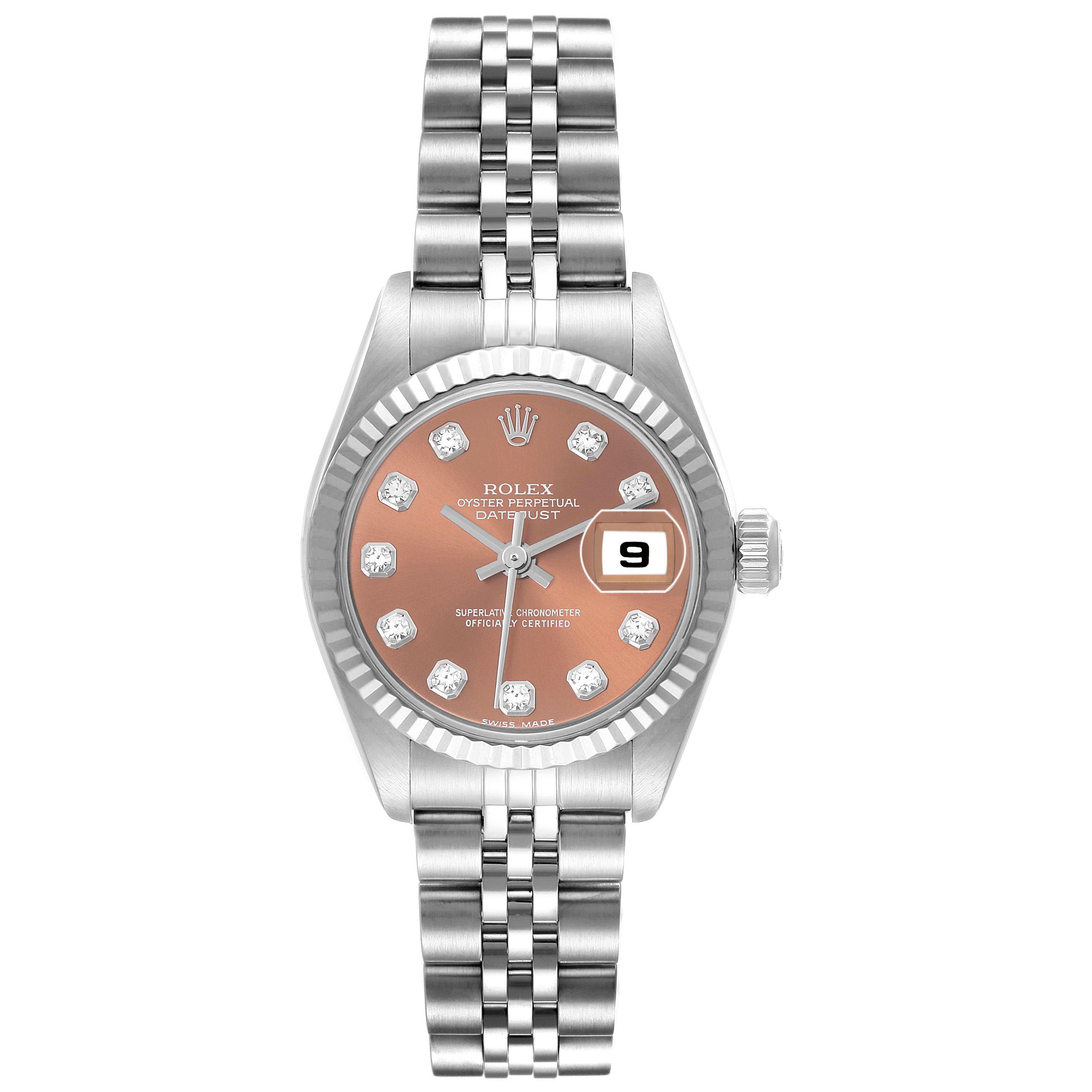 The Rolex Datejust 79174 Women's Stainless Steel Pink Dial 79174 Women's Stainless Steel Pink Dial watch is shown from the front, highlighting the dial, bezel, bracelet, and date display.