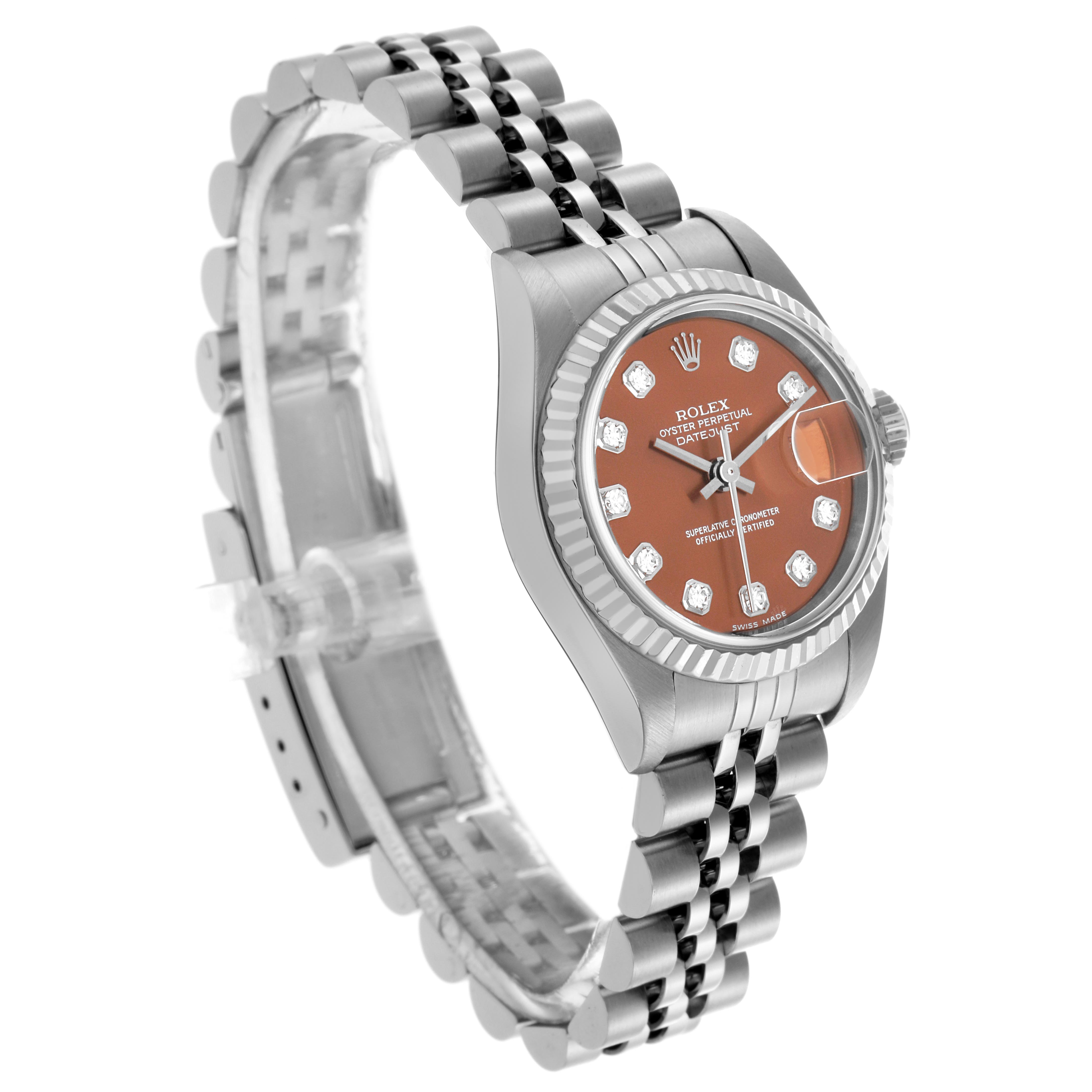 The image shows a Rolex Datejust 79174 Women's Stainless Steel Pink Dial 79174 Women's Stainless Steel Pink Dial watch at a 3/4 angle, featuring the bezel, face, dial, and Jubilee bracelet.