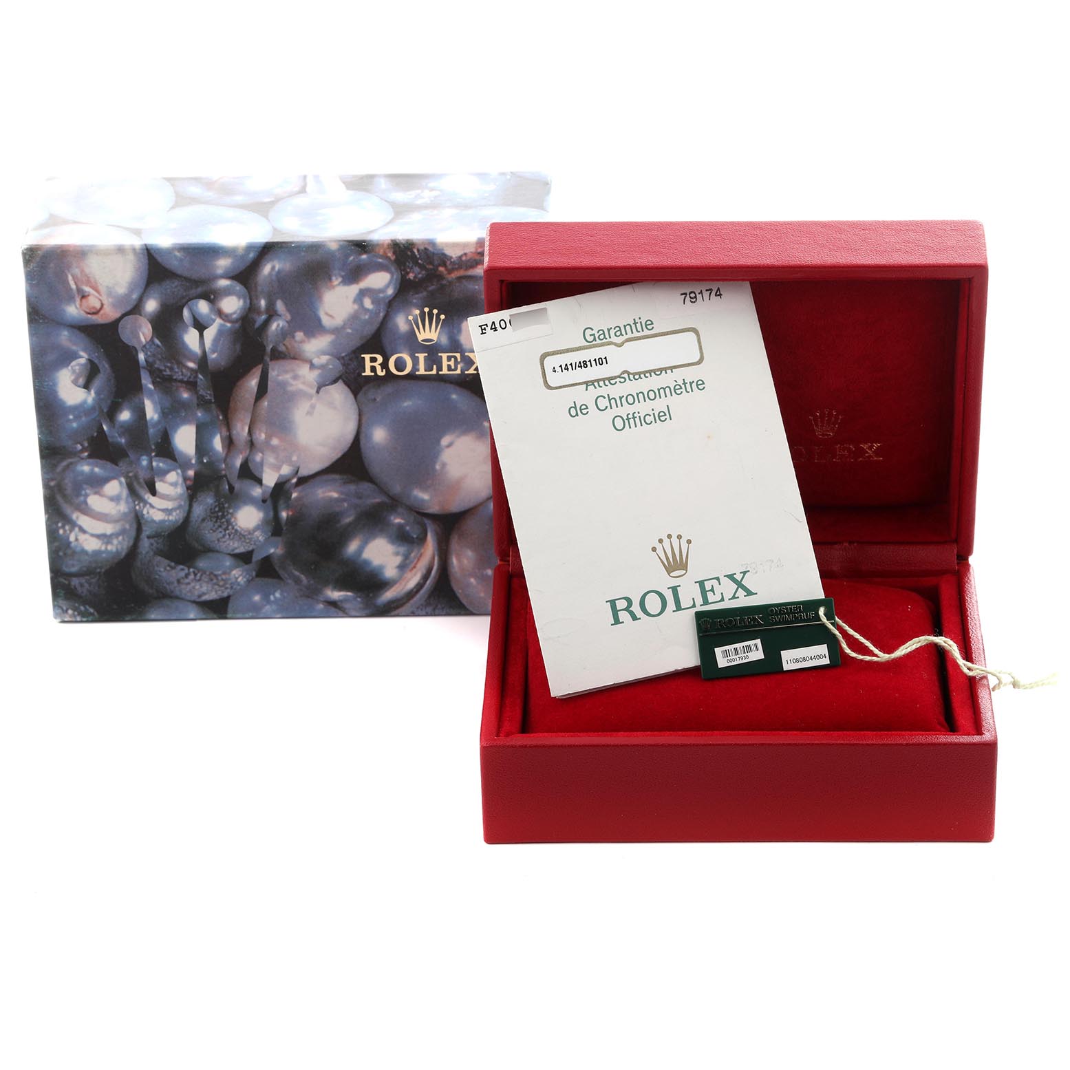 The image shows a Rolex Datejust 79174 Women's Stainless Steel Pink Dial 79174 Women's Stainless Steel Pink Dial watch box, warranty card, and tag from a front angle.