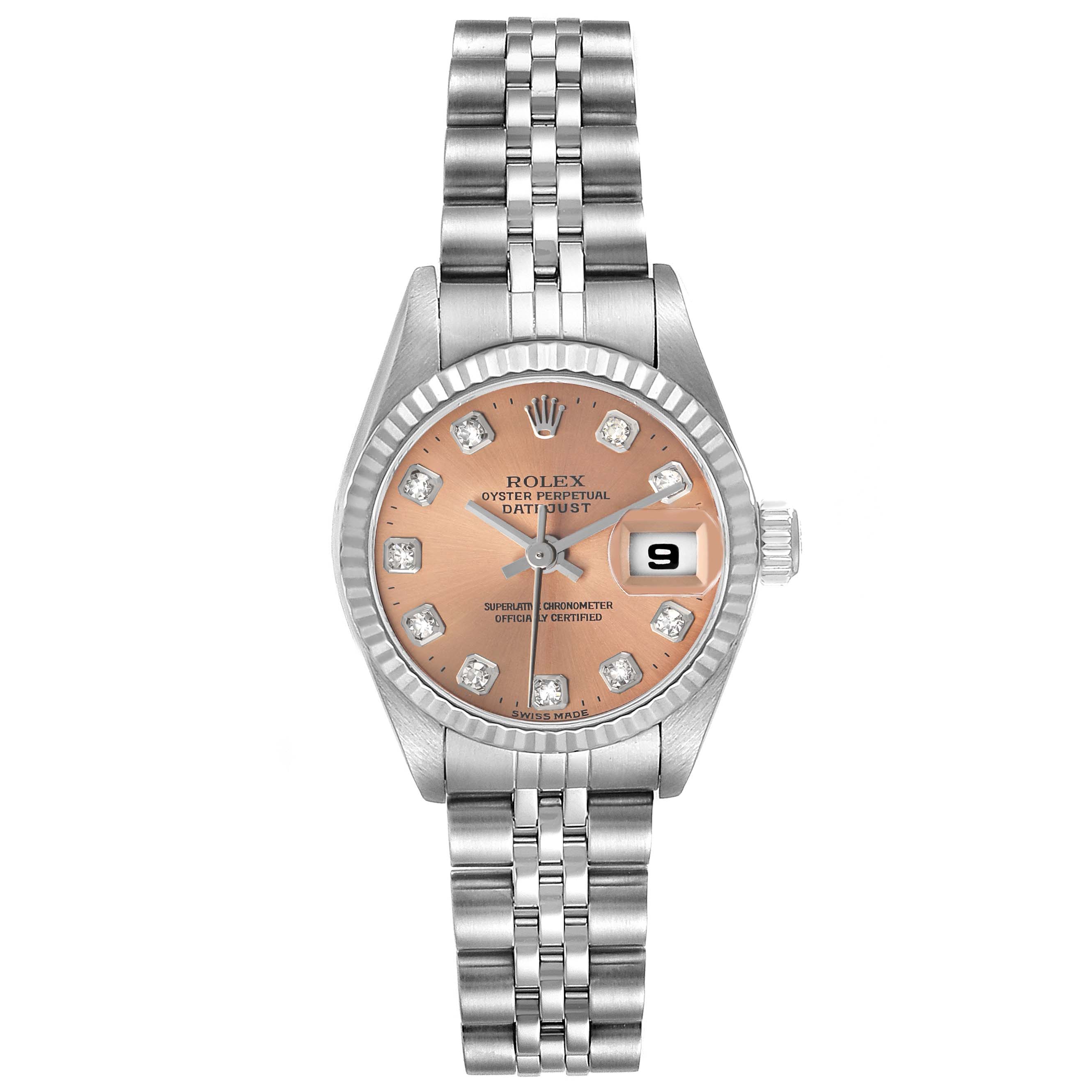 The Rolex Datejust 79174 Women's Stainless Steel Pink Dial watch is shown from a top-down angle, displaying the dial, bezel, bracelet, and date window.