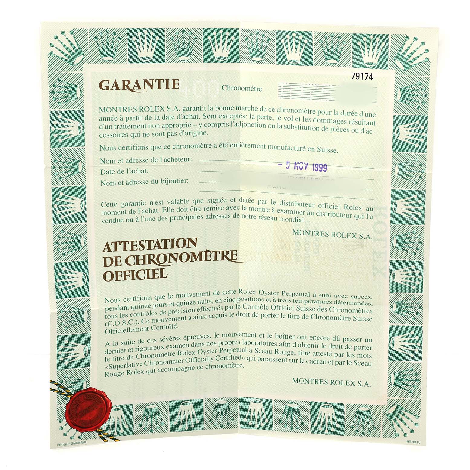 The image shows a warranty document for a Rolex Datejust 79174 Women's Stainless Steel Pink Dial watch, featuring text and design elements.