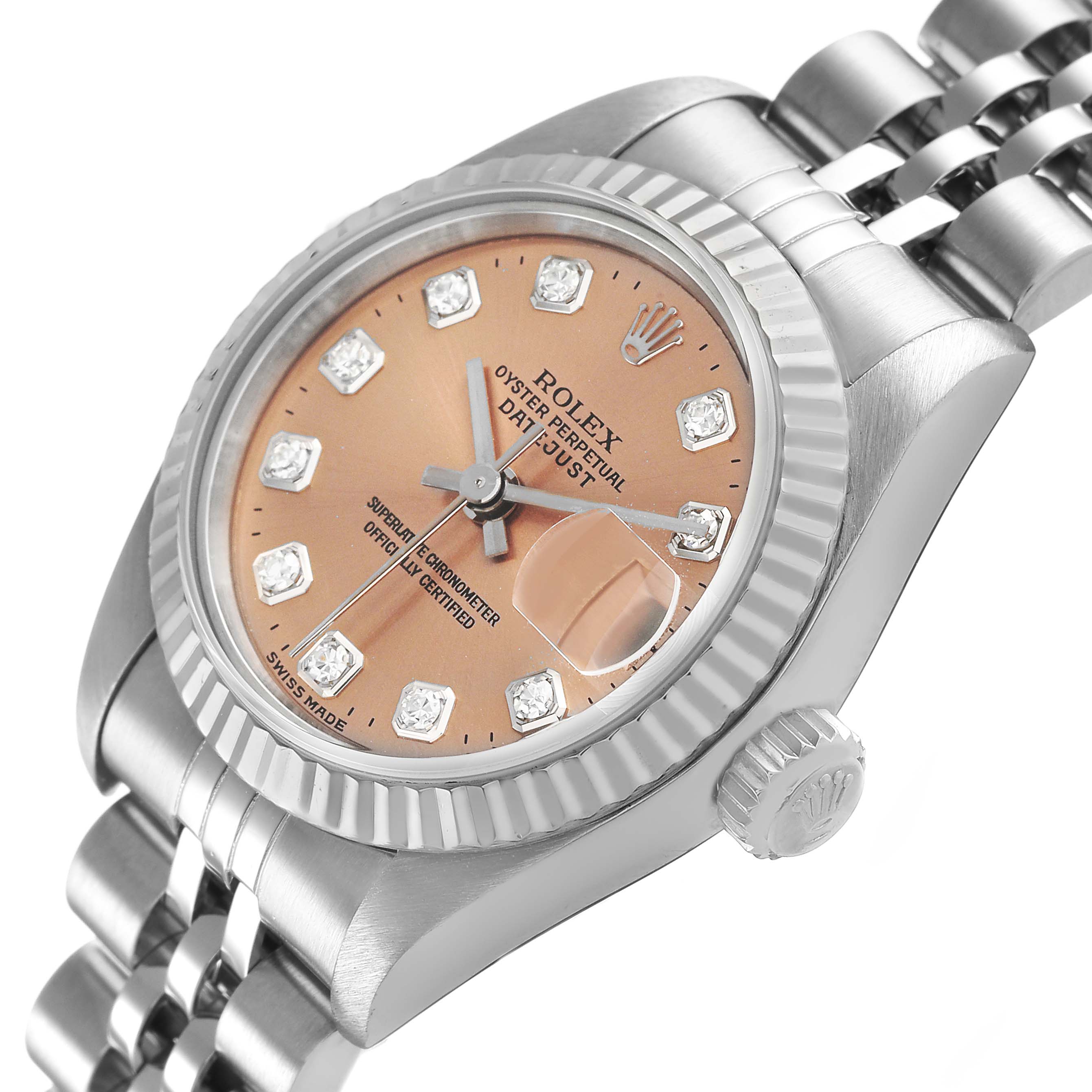The image shows a Rolex Datejust 79174 Women's Stainless Steel Pink Dial watch at an angled view, highlighting the dial, fluted bezel, crown, and bracelet.
