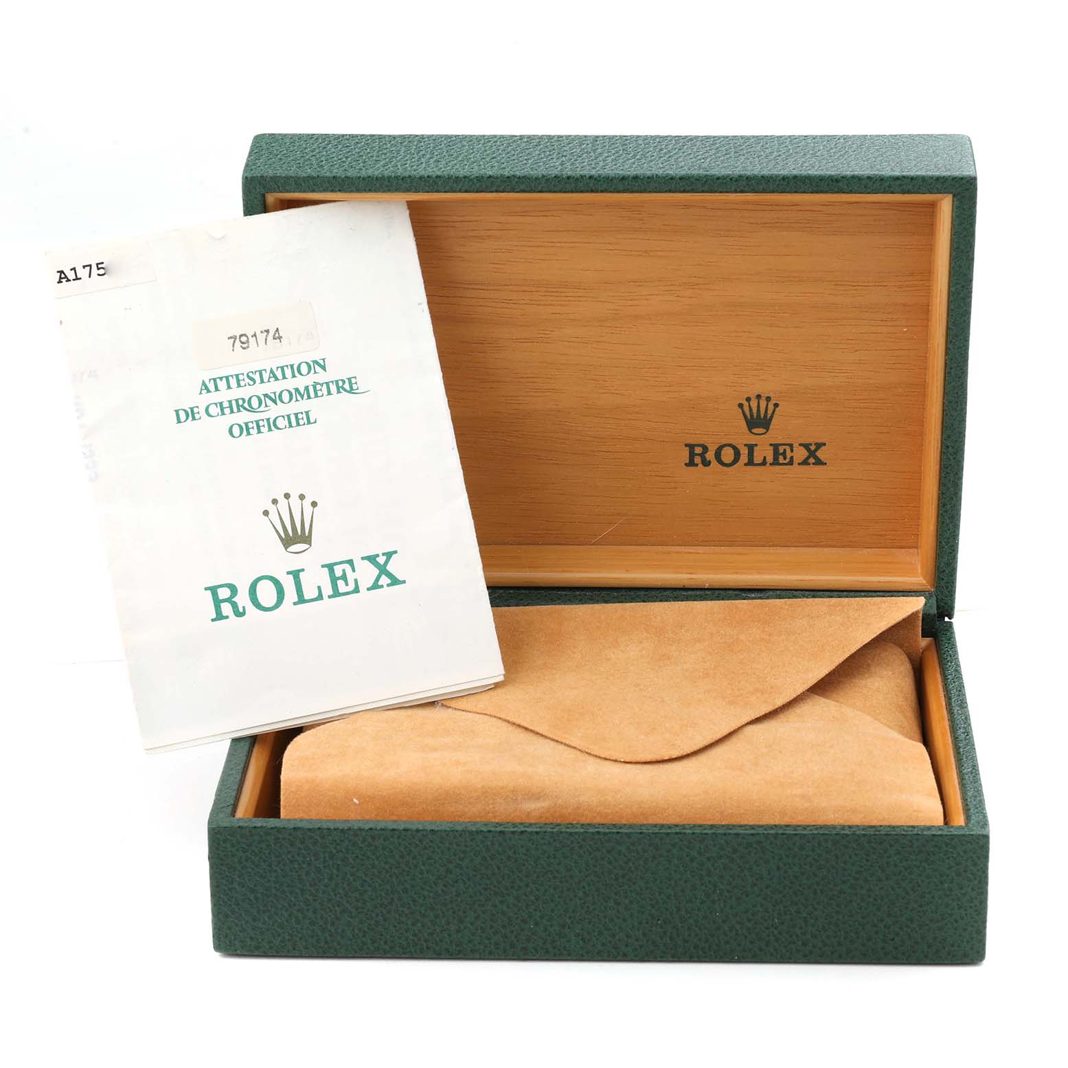 The image shows an open Rolex watch box for a Datejust model and a certificate booklet.