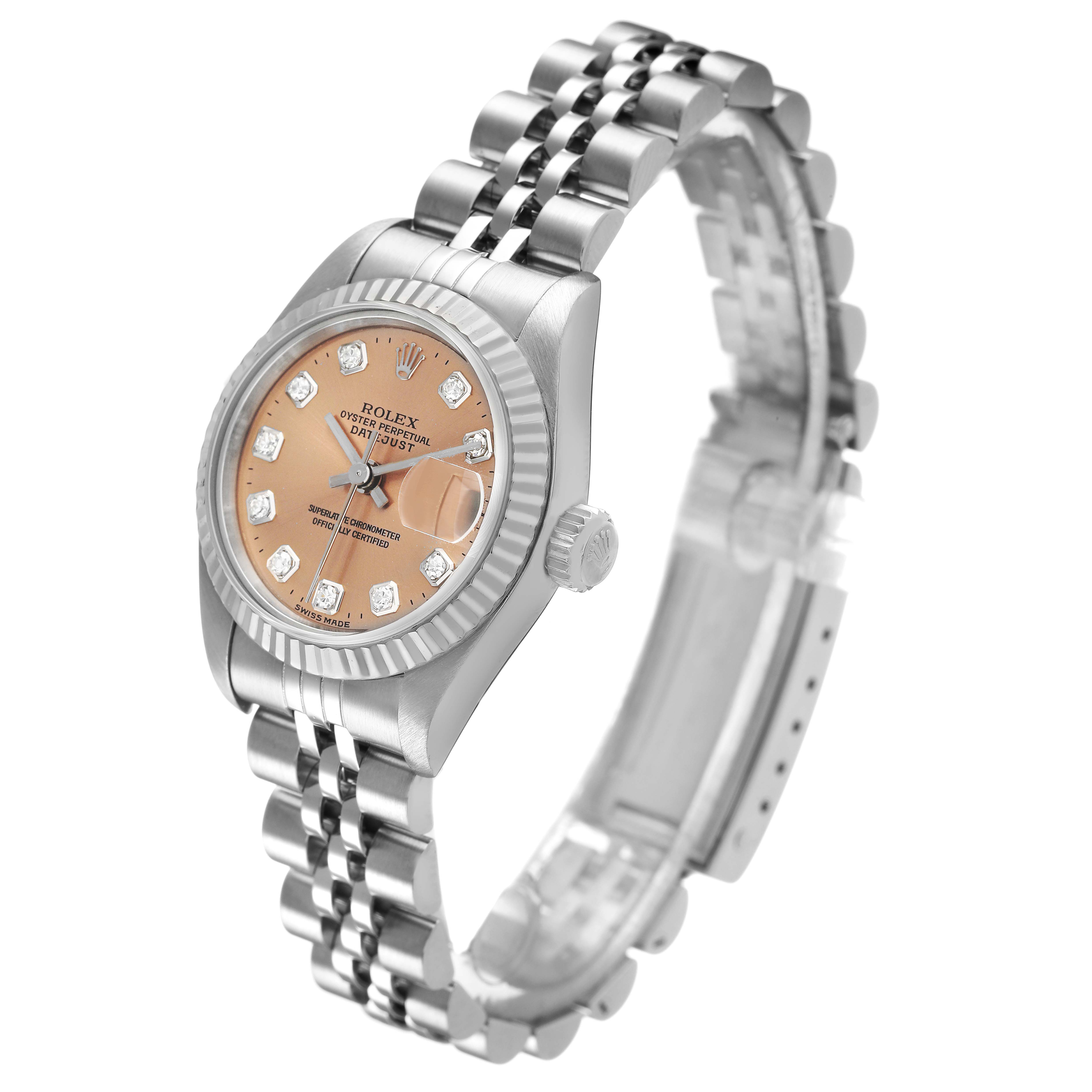 The image shows a Rolex Datejust 79174 Women's Stainless Steel Pink Dial watch at a three-quarter angle, highlighting the dial, bezel, crown, and bracelet.