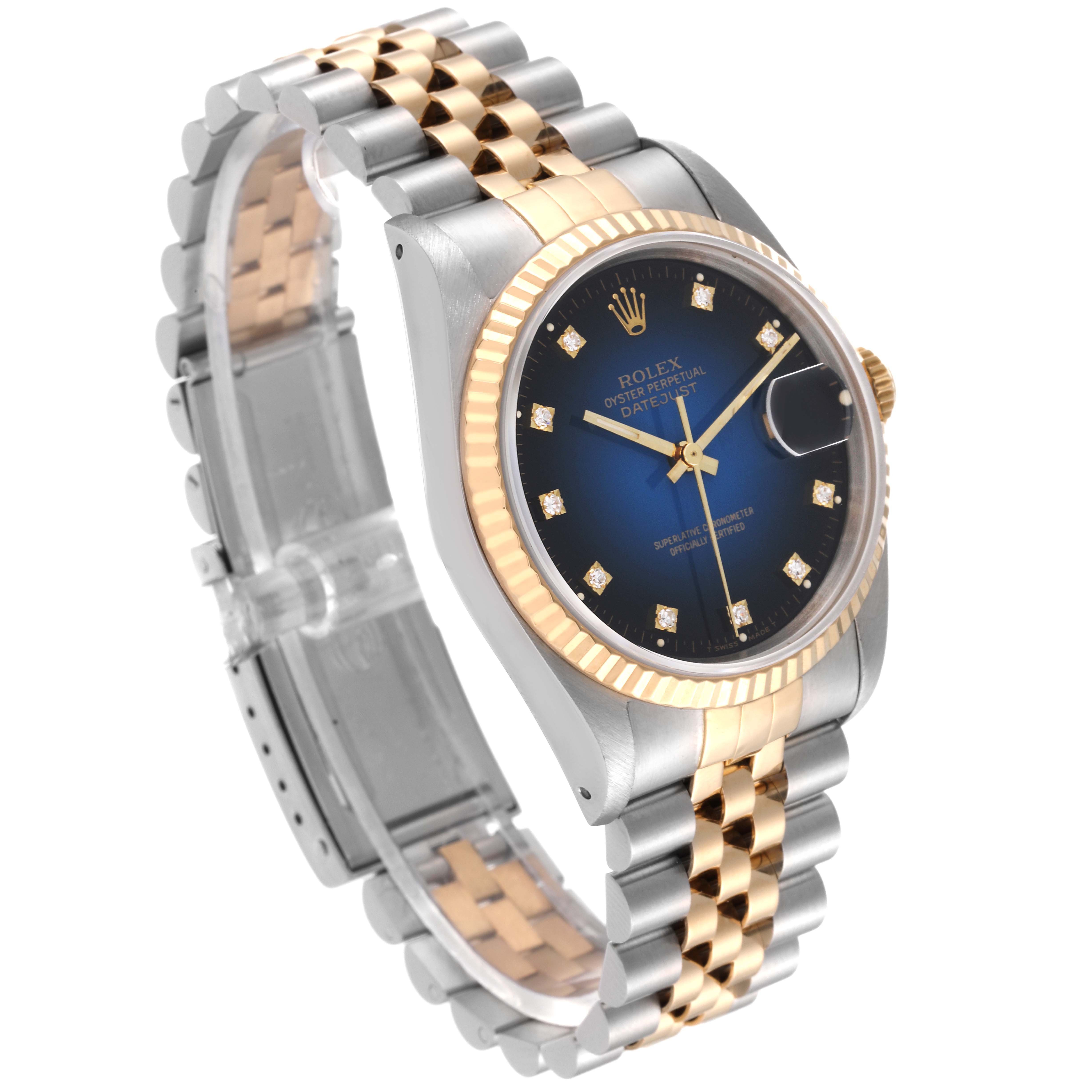 The image shows a Rolex Datejust 16233 Men's Steel and Gold (two tone) Blue Dial 16233 Men's Steel and Gold (two tone) Blue Dial watch at an angled side view, highlighting its two-tone bracelet and blue dial with diamond markers.