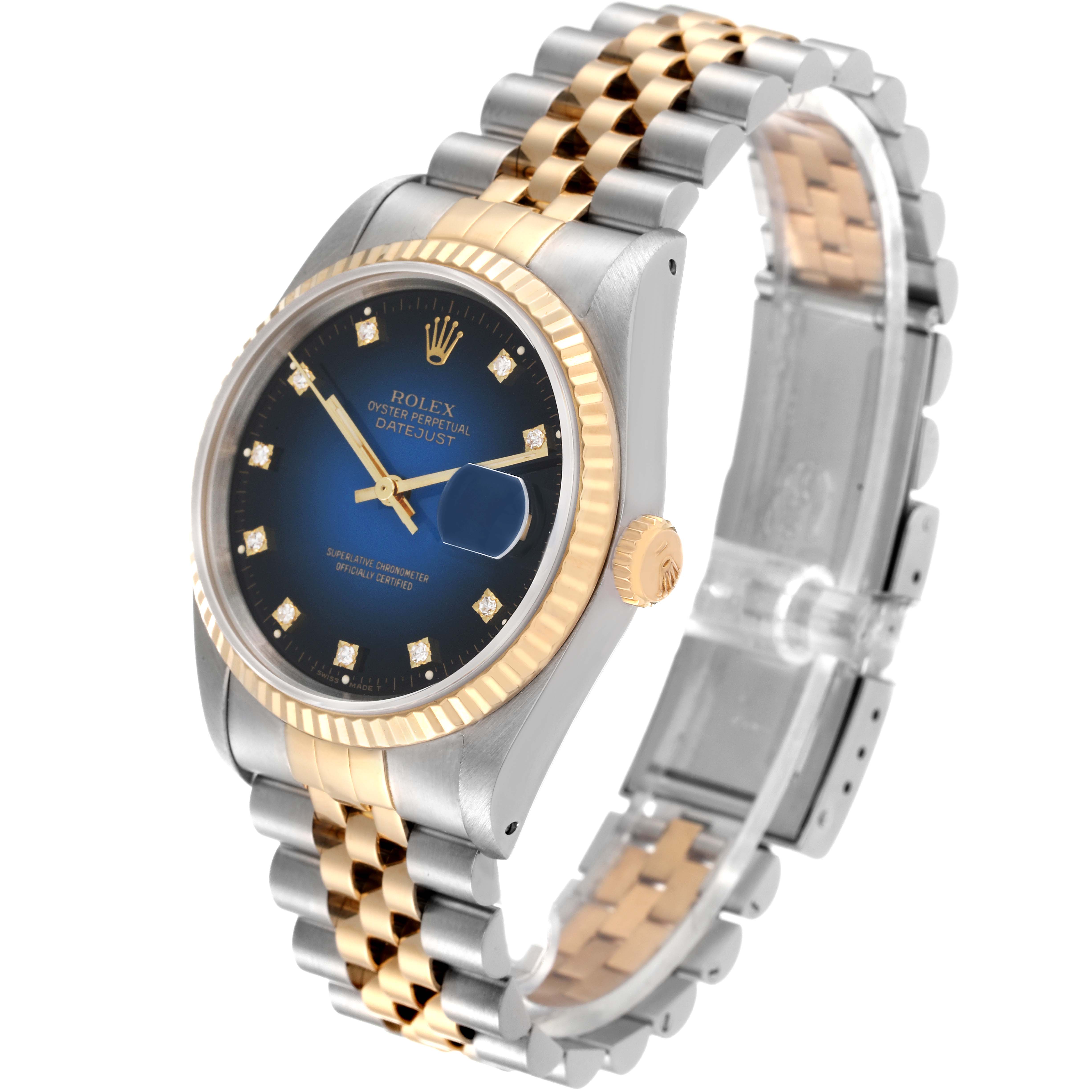 This image of the Rolex Datejust 16233 Men's Steel and Gold (two tone) Blue Dial 16233 Men's Steel and Gold (two tone) Blue Dial watch shows a three-quarter angle, highlighting the face, bezel, crown, and bracelet.