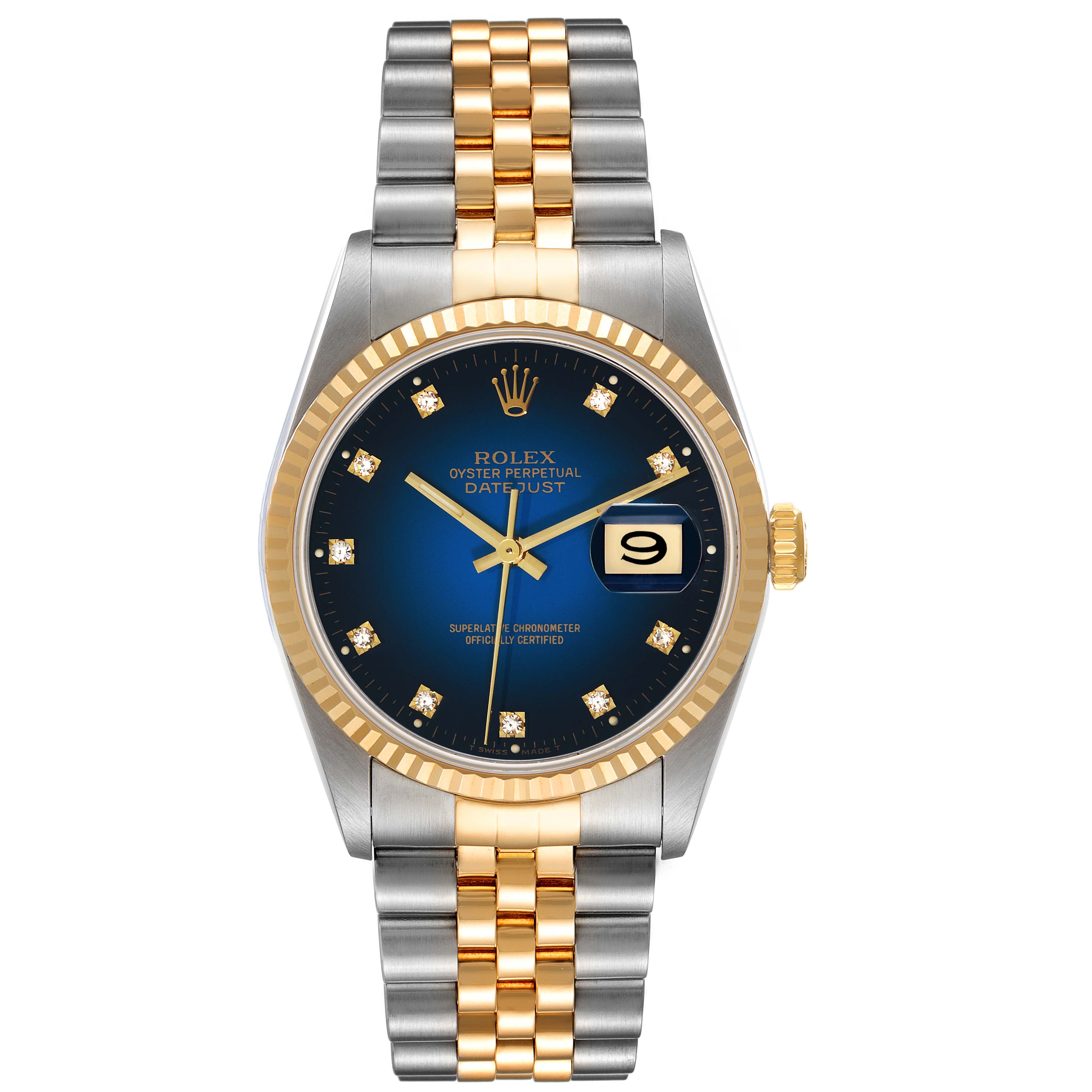 This Rolex Datejust 16233 Men's Steel and Gold (two tone) Blue Dial 16233 Men's Steel and Gold (two tone) Blue Dial watch is shown from a top-down angle, highlighting the dial, bezel, and bracelet.