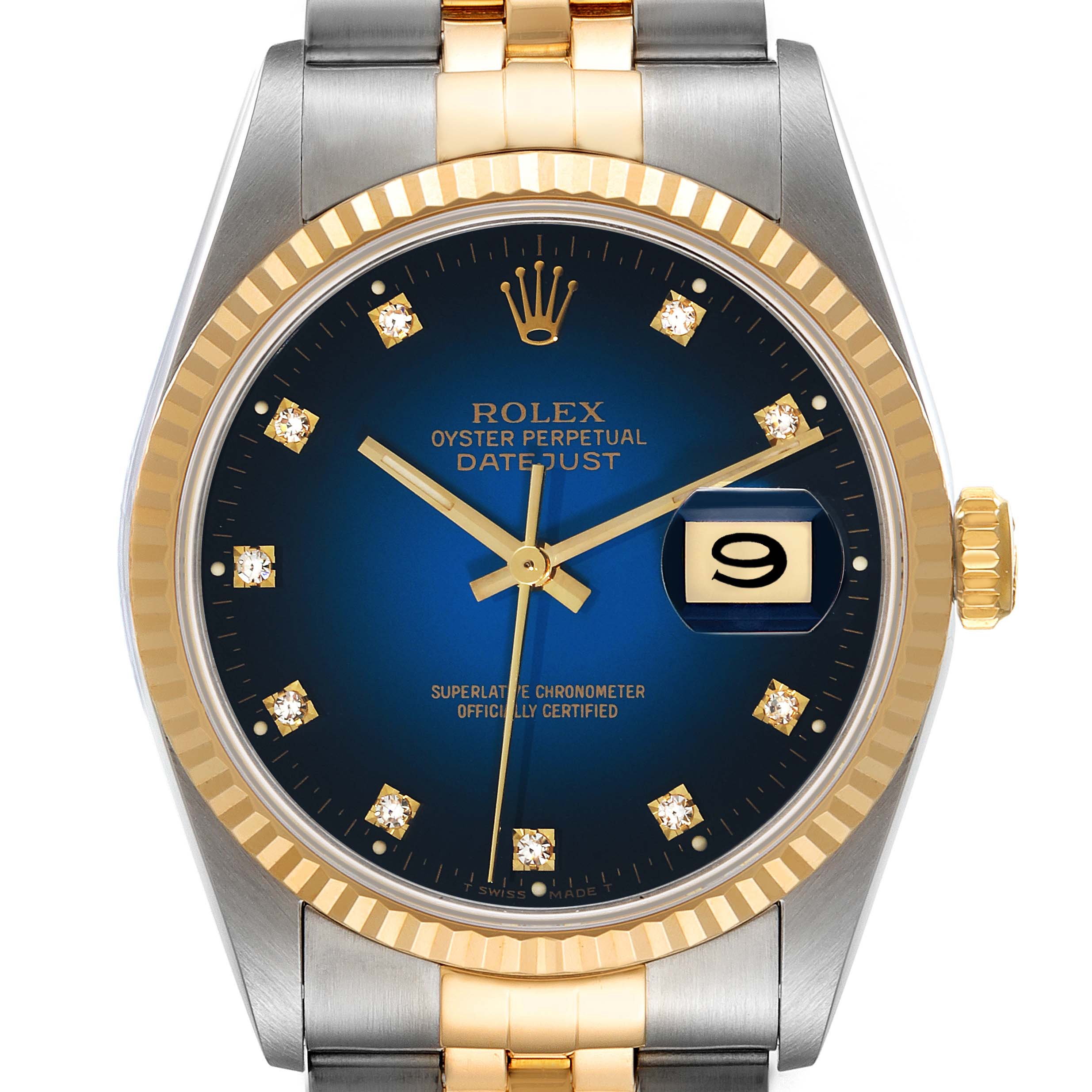 This image shows a Rolex Datejust 16233 Men's Steel and Gold (two tone) Blue Dial 16233 Men's Steel and Gold (two tone) Blue Dial watch from a front angle, highlighting its blue dial, gold markers, and two-tone bracelet.