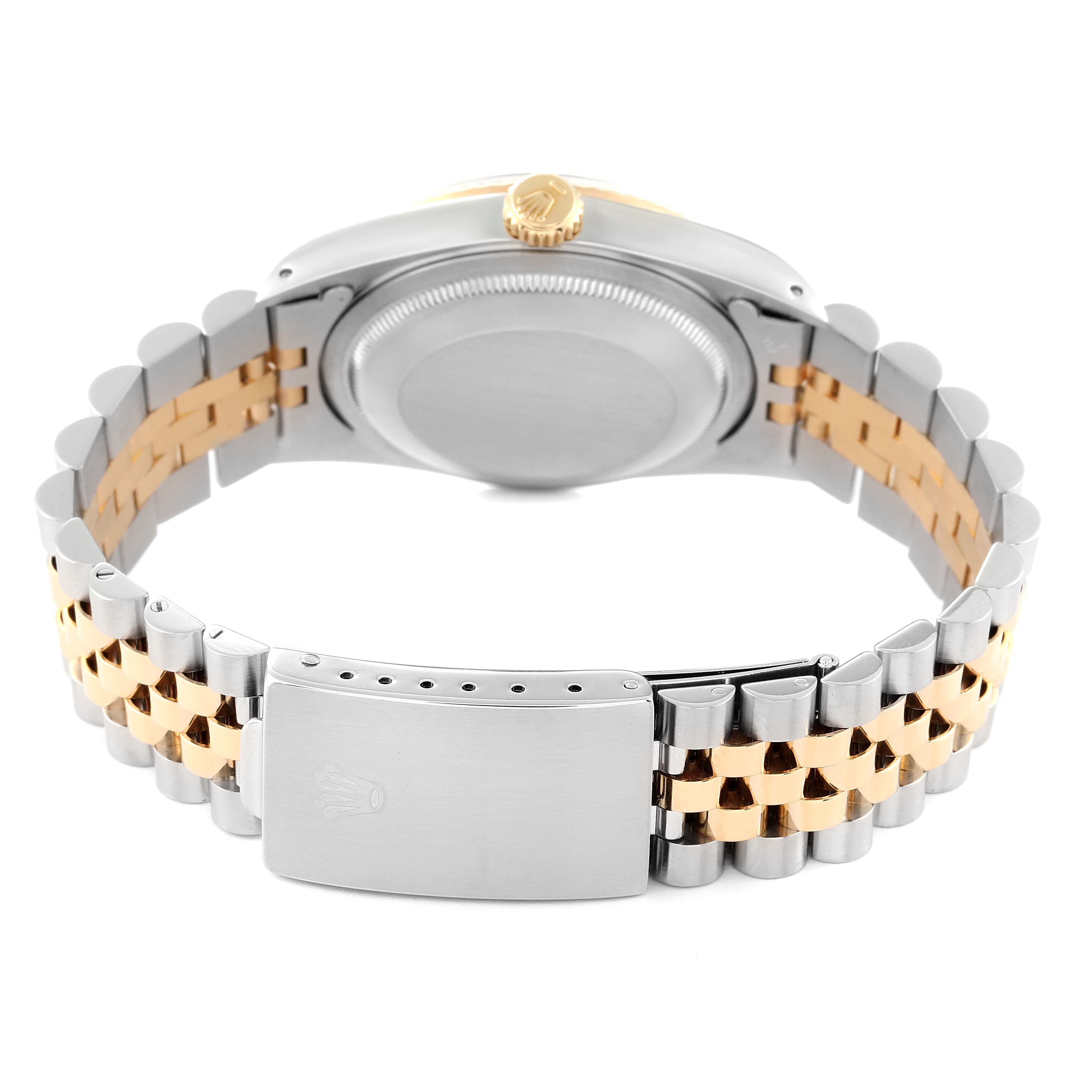 The image shows the back case and Jubilee bracelet of a Rolex Datejust 16233 Men's Steel and Gold (two tone) Blue Dial 16233 Men's Steel and Gold (two tone) Blue Dial watch.