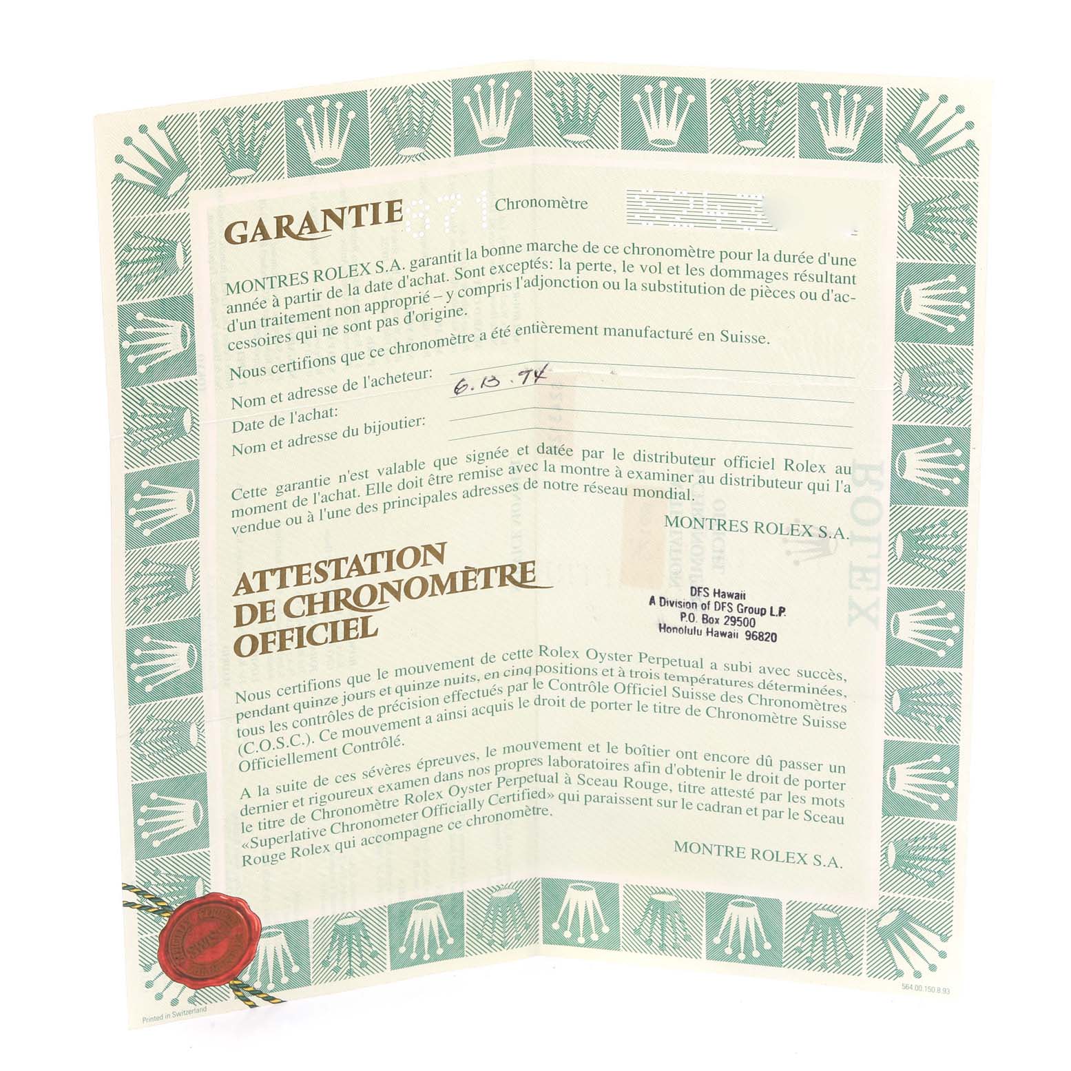 The image shows the warranty and certification papers for the Rolex Datejust 69173 Women's Steel and Gold (two tone) White Dial 69173 Women's Steel and Gold (two tone) White Dial watch.