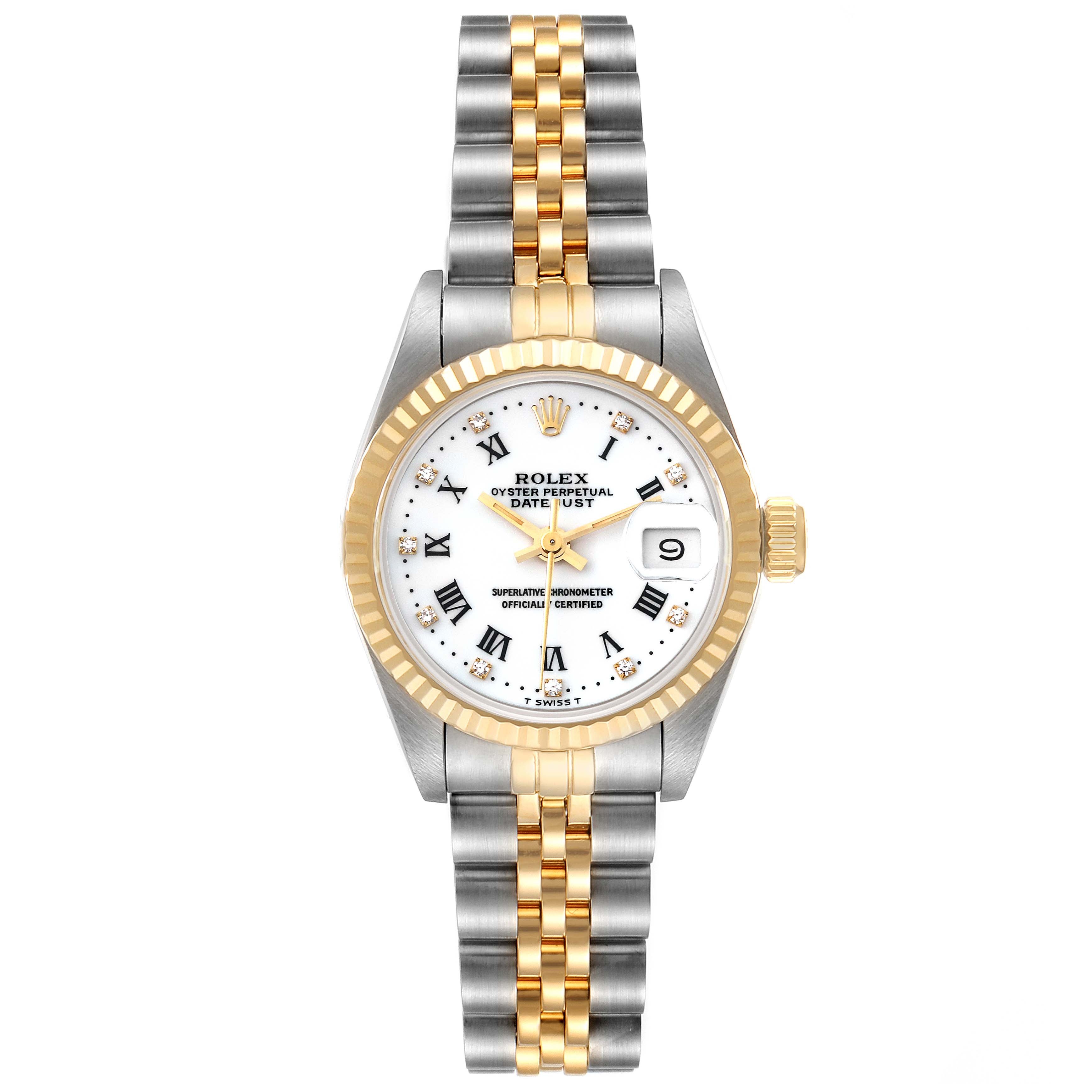 This image shows a frontal view of a Rolex Datejust 69173 Women's Steel and Gold (two tone) White Dial 69173 Women's Steel and Gold (two tone) White Dial watch, highlighting the face, case, bezel, and bracelet.