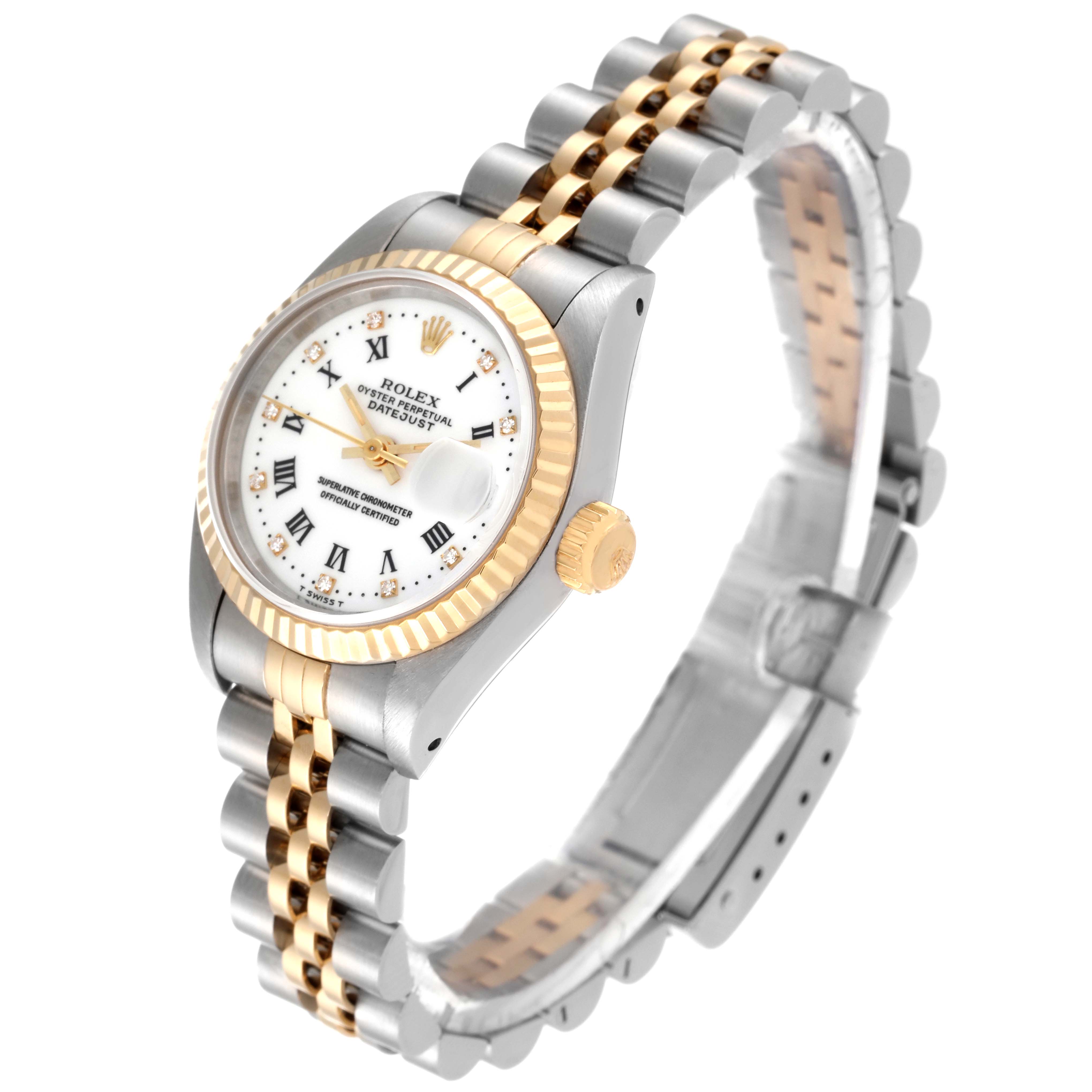 This image shows a side and top view of a Rolex Datejust 69173 Women's Steel and Gold (two tone) White Dial 69173 Women's Steel and Gold (two tone) White Dial watch, focusing on the dial, bezel, and bracelet.