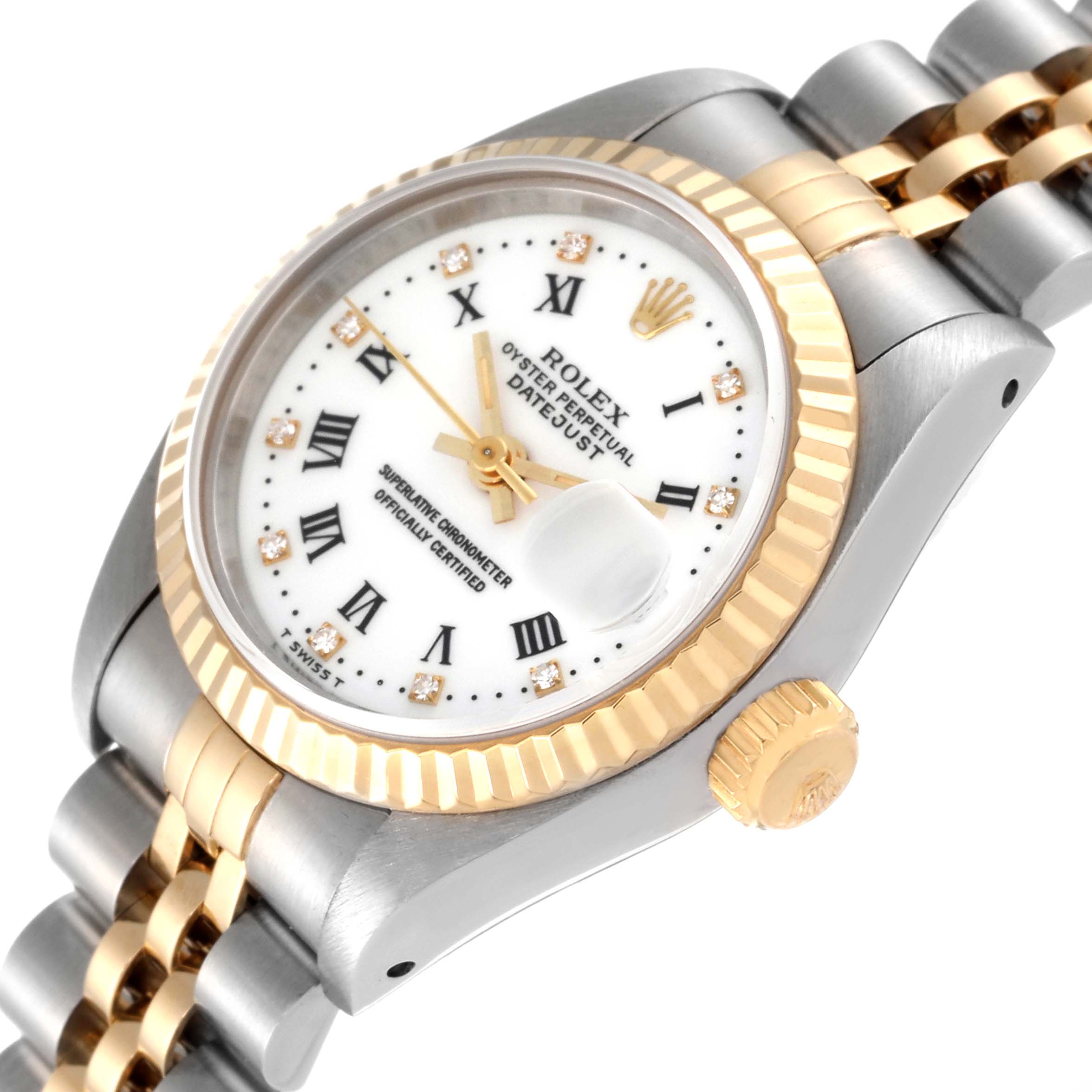 The Rolex Datejust 69173 Women's Steel and Gold (two tone) White Dial 69173 Women's Steel and Gold (two tone) White Dial watch is shown at an angle focusing on the dial, crown, and part of the bracelet with a white and gold bezel.
